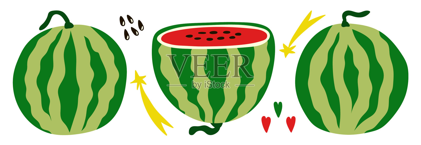 成熟的红西瓜，整瓜和半瓜插画图片素材