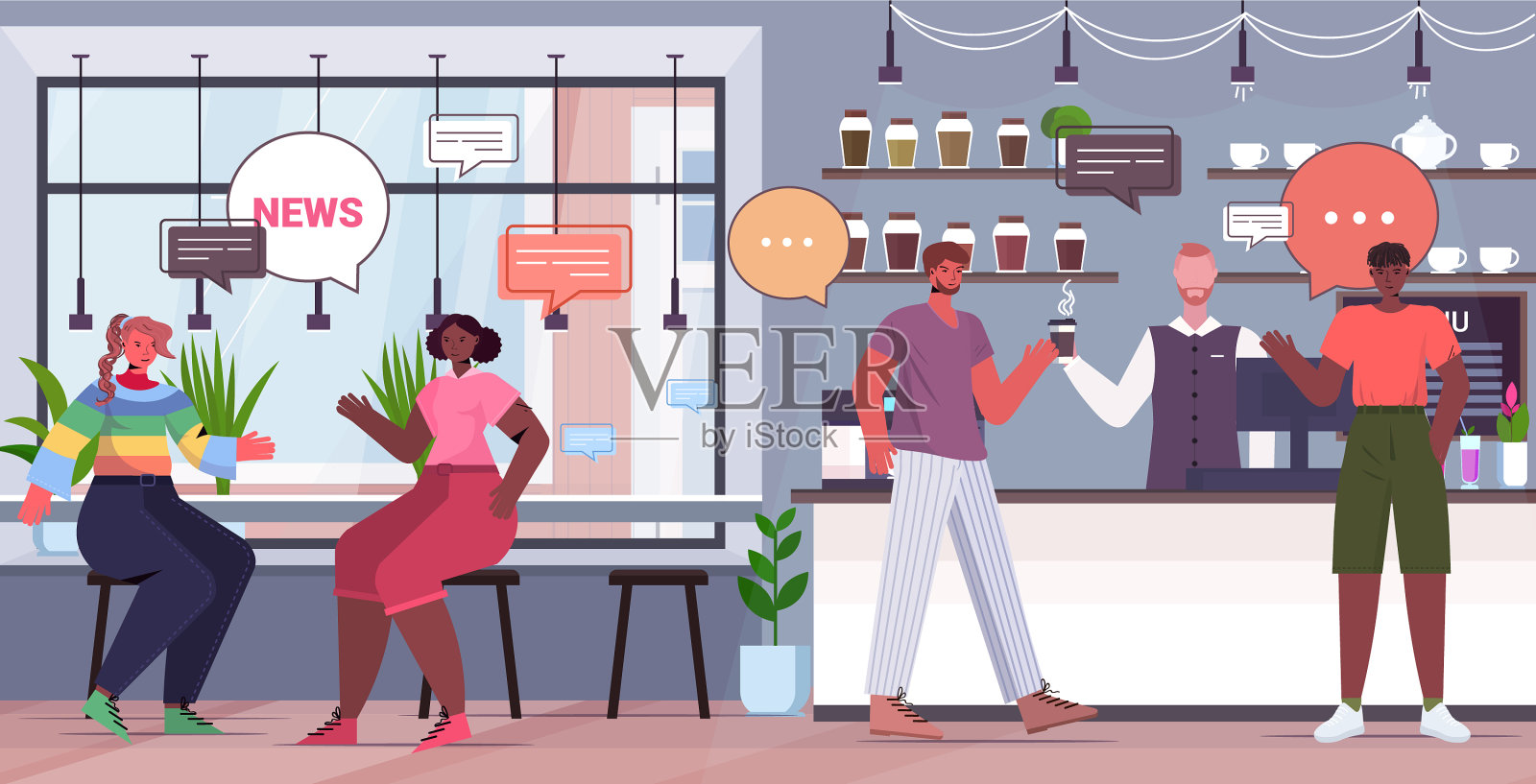 混合种族的咖啡馆游客讨论每日新闻插画图片素材