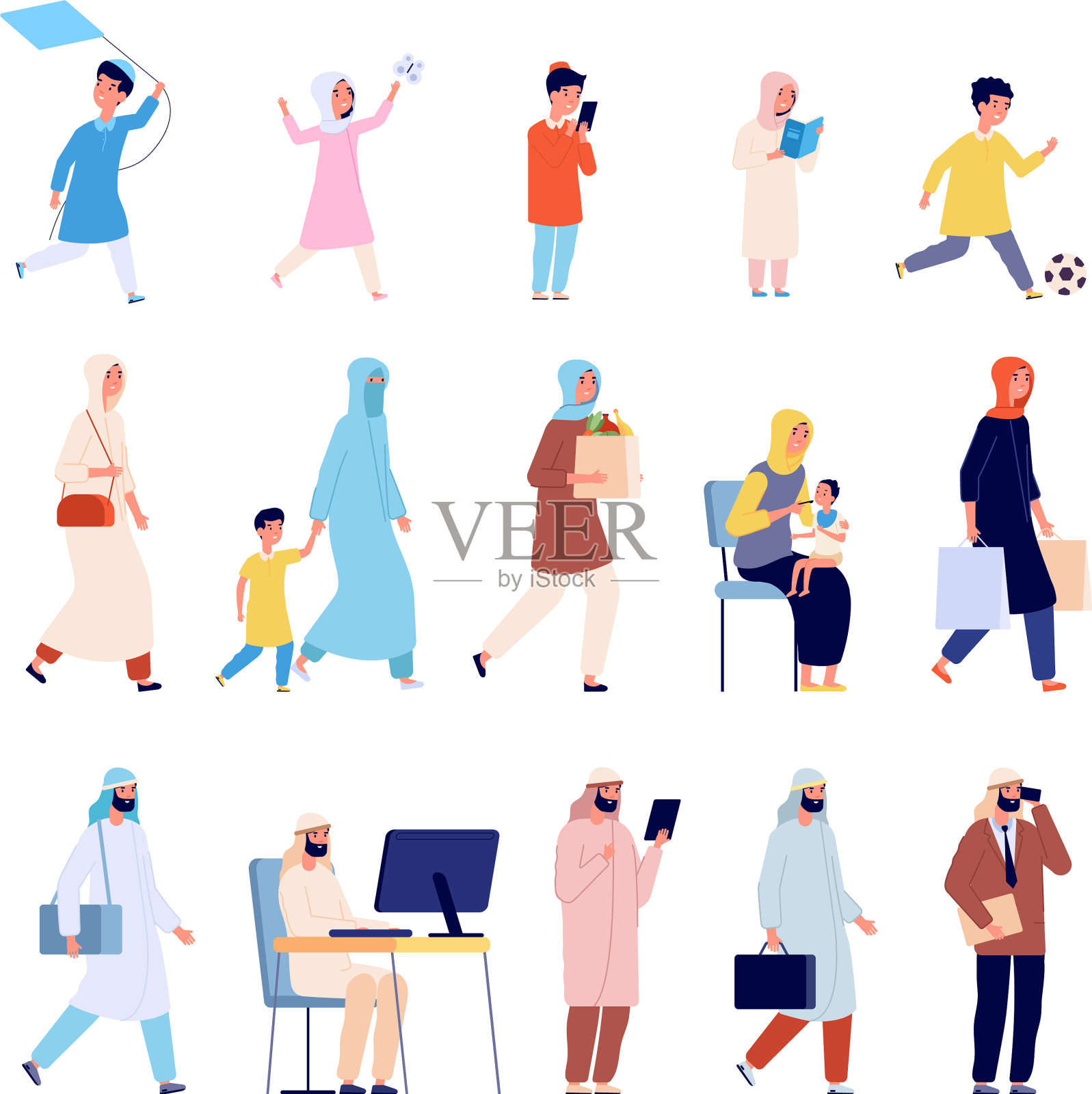 阿拉伯家庭穆斯林男人阿拉伯男孩女人和女孩插画图片素材