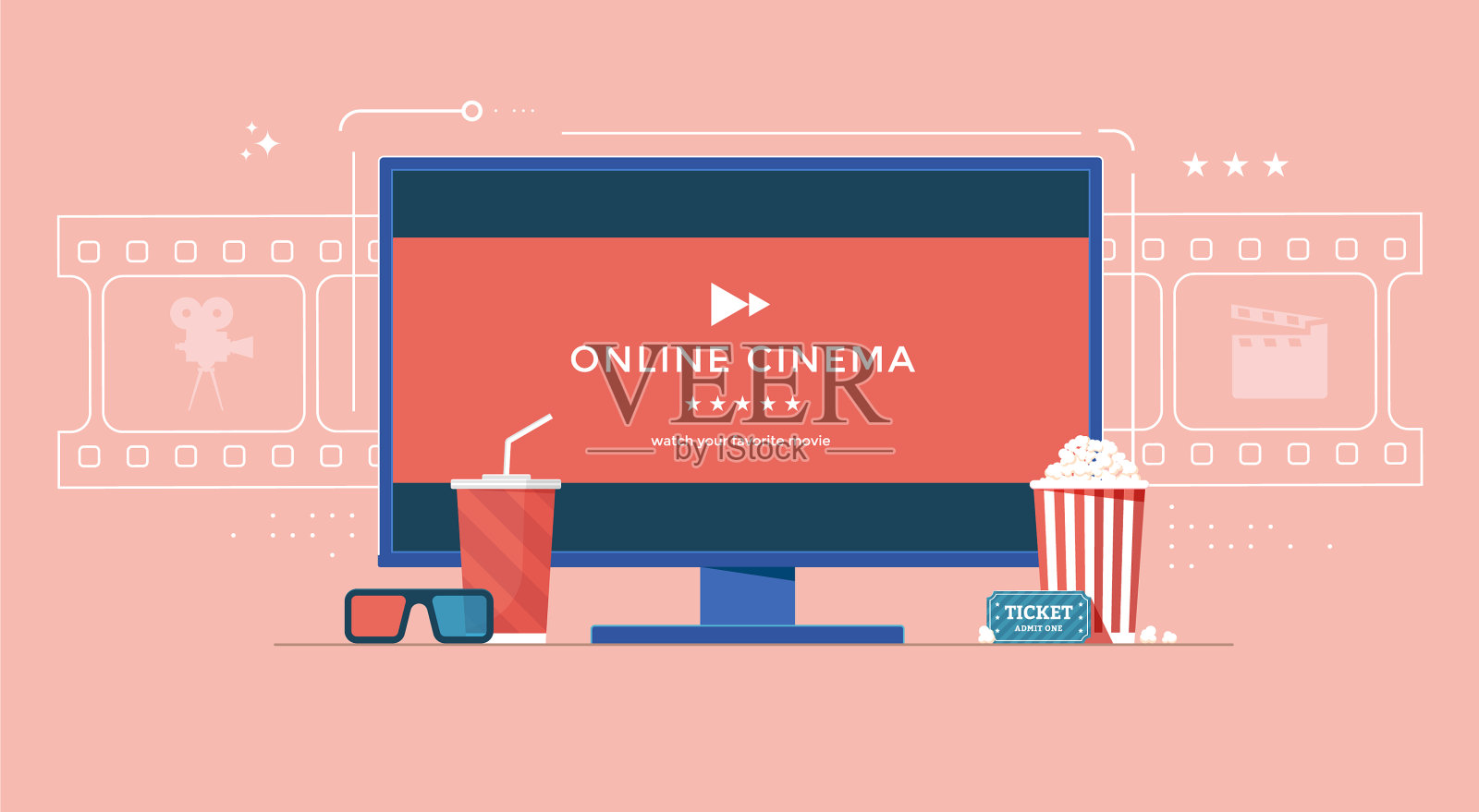 在线影院平面横幅概念与电视设计模板素材