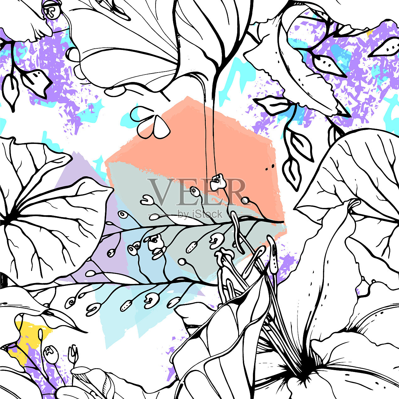 几何印花热带丛林叶刷插画图片素材