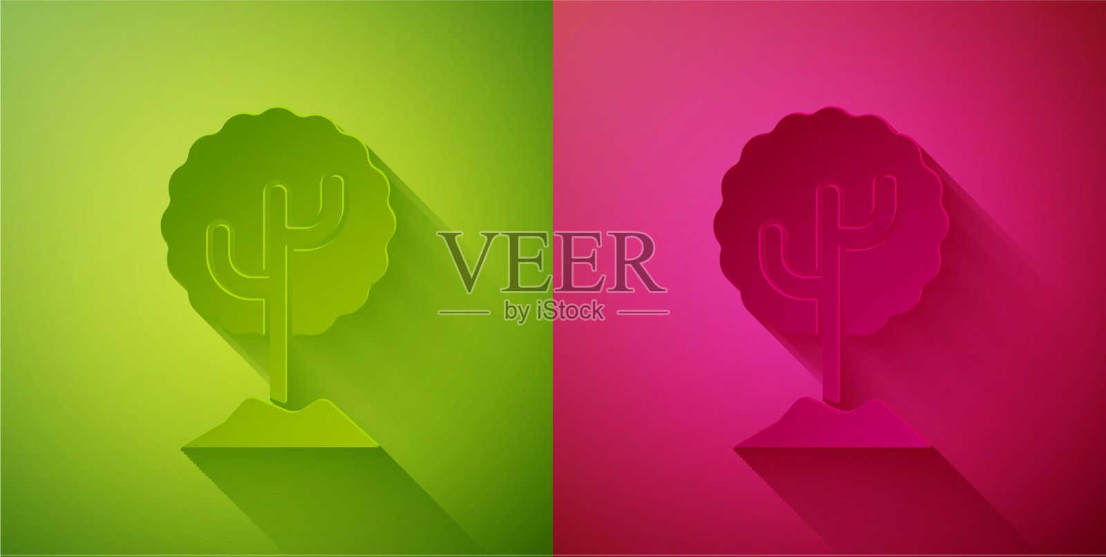 剪纸树图标孤立在绿色和粉红色插画图片素材