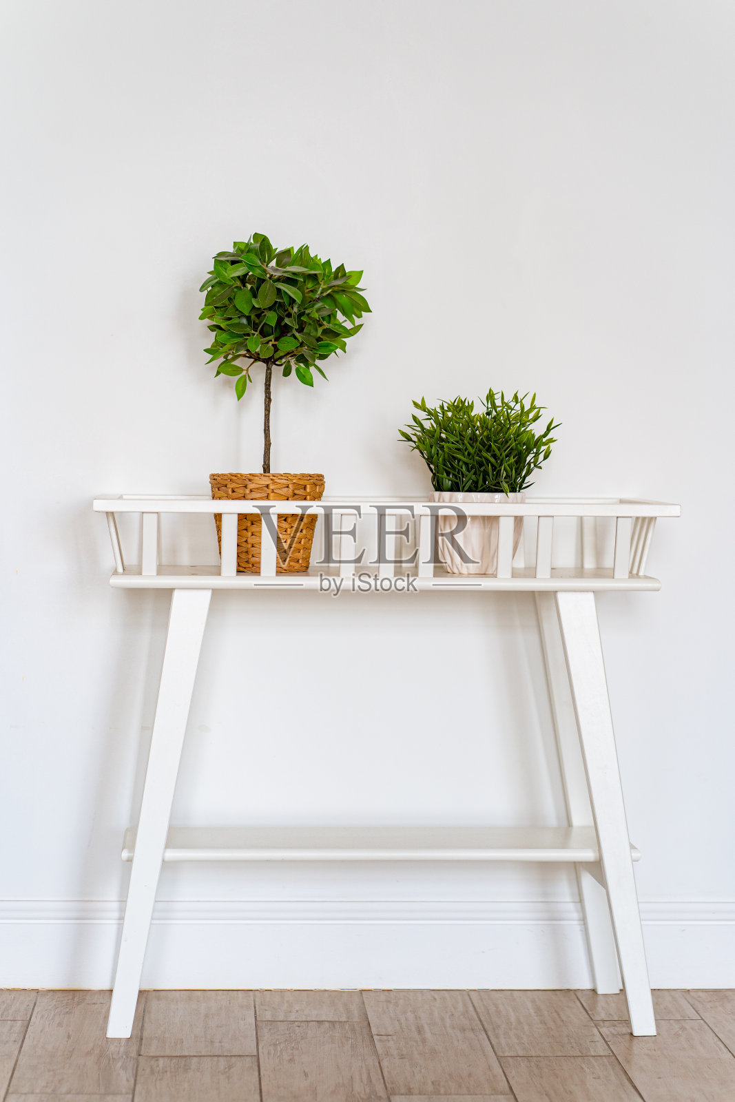 书柜，室内植物的白色桌子。室内有鲜花。照片摄影图片