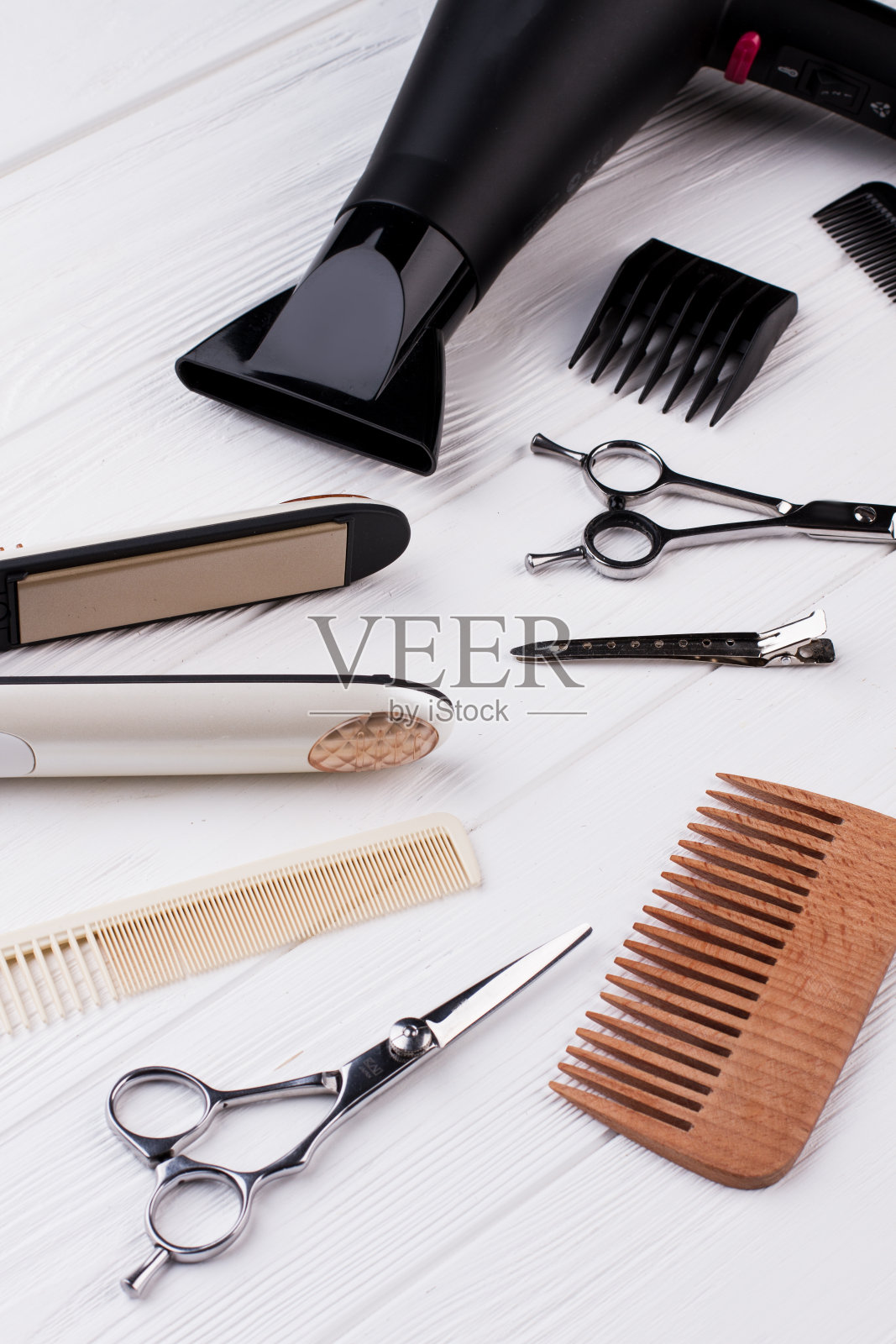 木制背景发型师工具。照片摄影图片