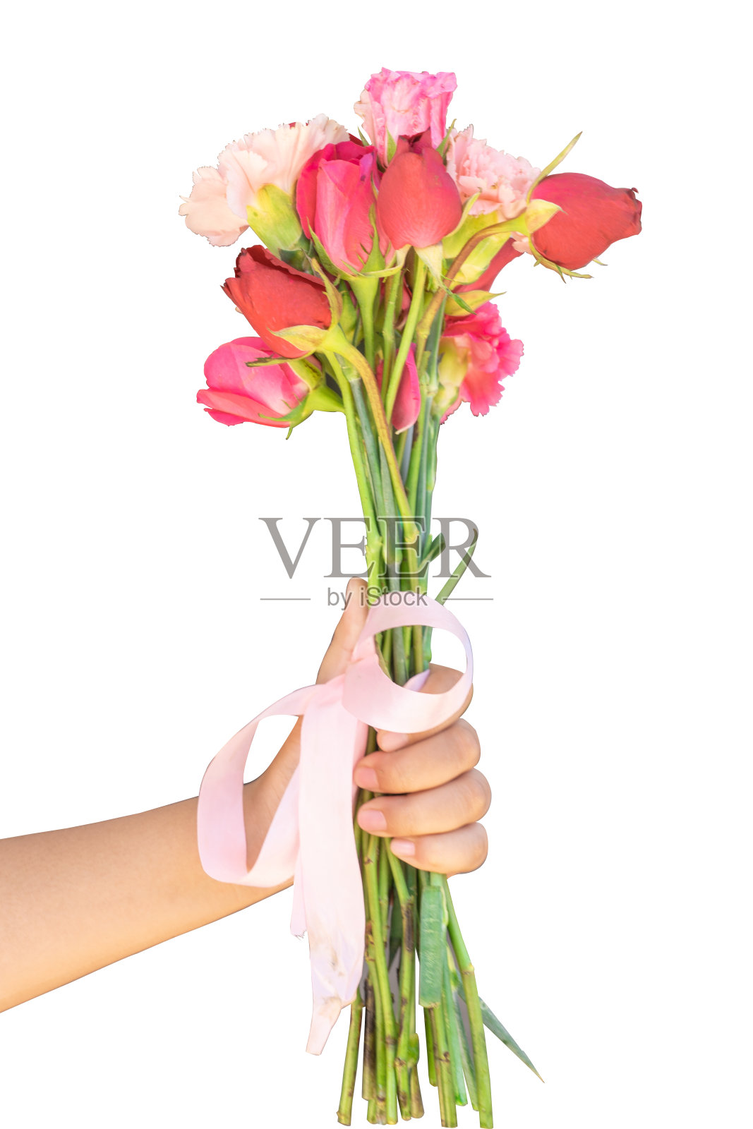 花孤立在白色背景与修剪路径。有红、粉、黄、白、紫百合、百日草、非洲菊。照片摄影图片