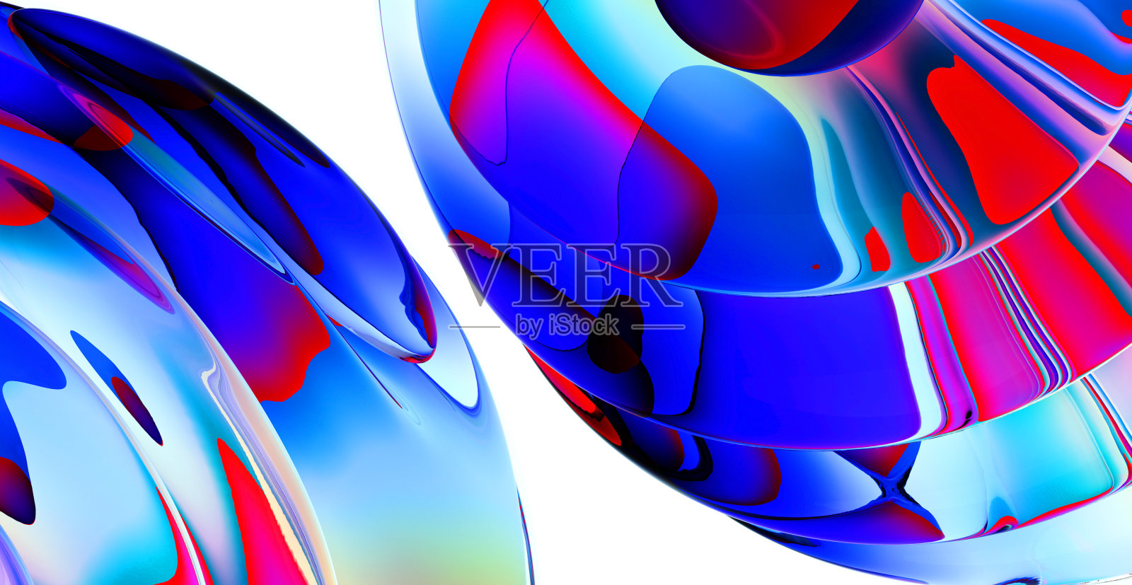 抽象艺术的3D渲染与部分超现实的球体或球在曲线波浪线绘制在蓝色和红色的孤立的白色背景照片摄影图片