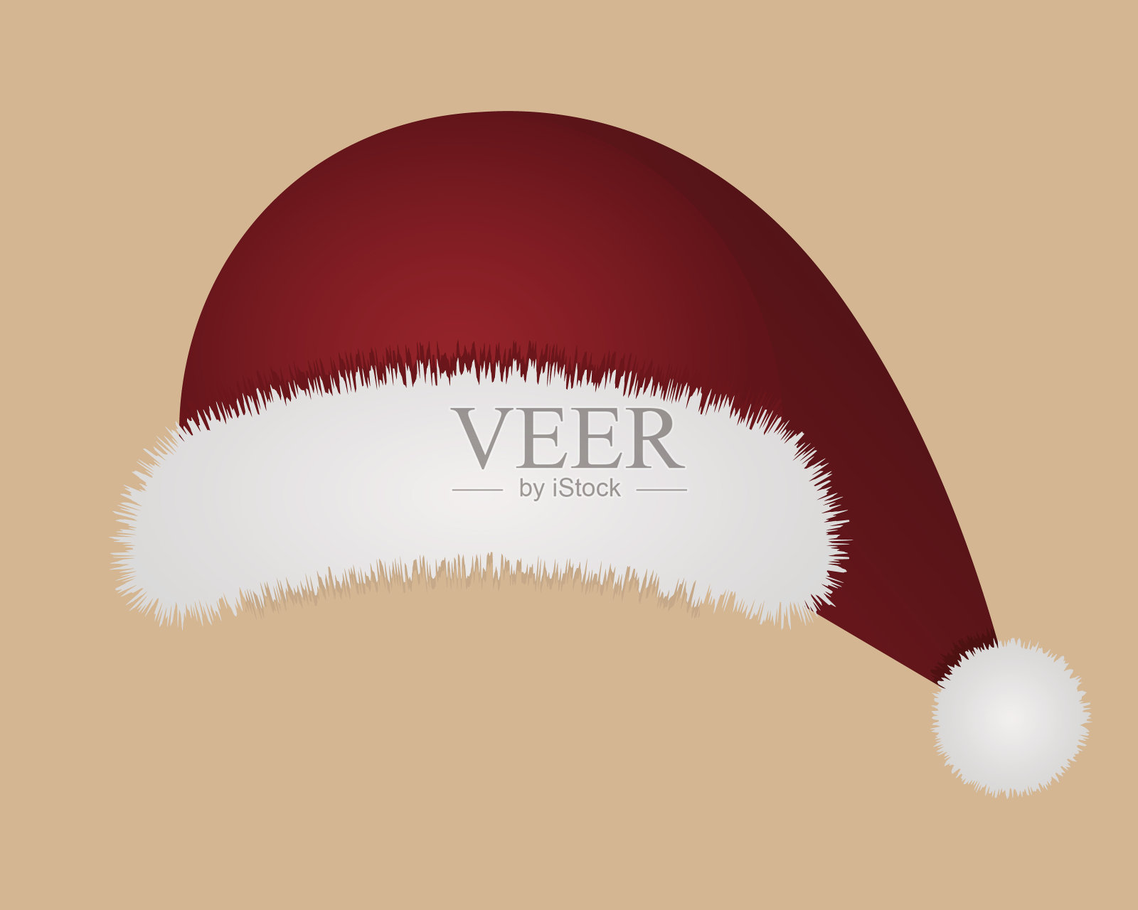 圣诞老人的帽子。带毛皮的红色头饰。彩色矢量插图。孤立的米色背景。精灵人物的帽子上有一个圆形的绒球。圣诞老人服装的一部分。新年快乐，圣诞快乐。平的风格。插画图片素材