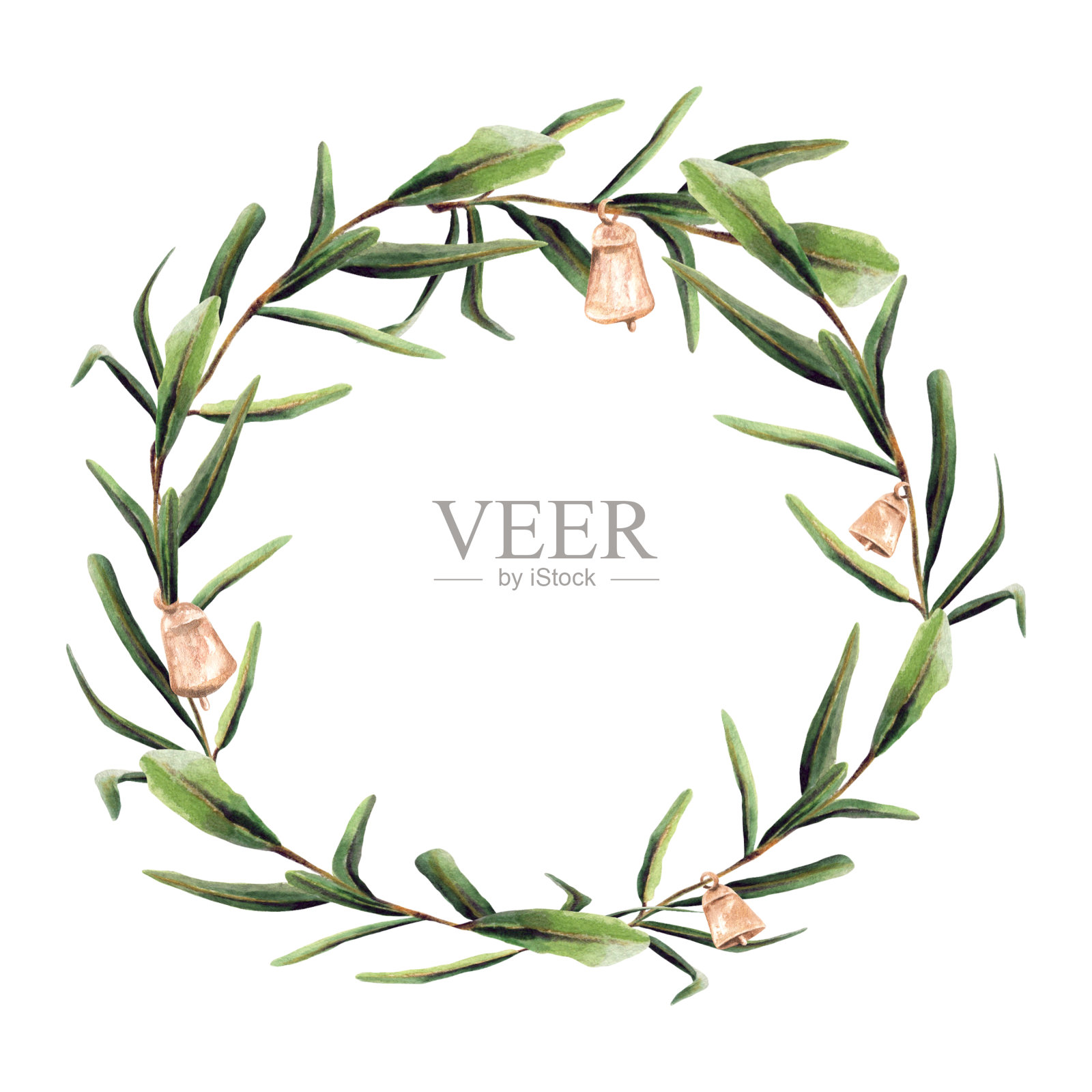 水彩花圈与闪闪发光的铃铛和树枝与树叶。手绘植物安排，贺卡，海报，印刷品，标志，节日装饰，邀请，婚礼设计。把你的文本插画图片素材