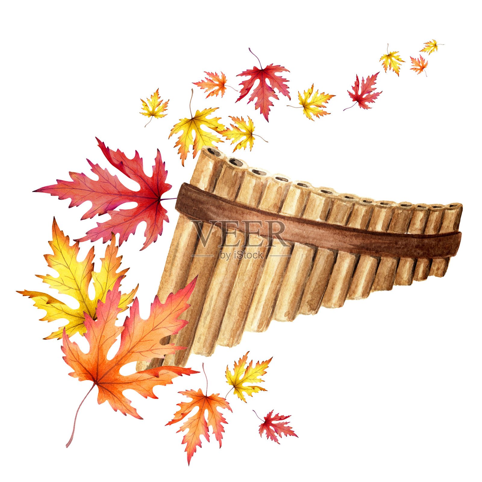 木制的排箫和五彩缤纷的秋叶。秋天的音乐概念。手绘水彩插图孤立的白色背景插画图片素材