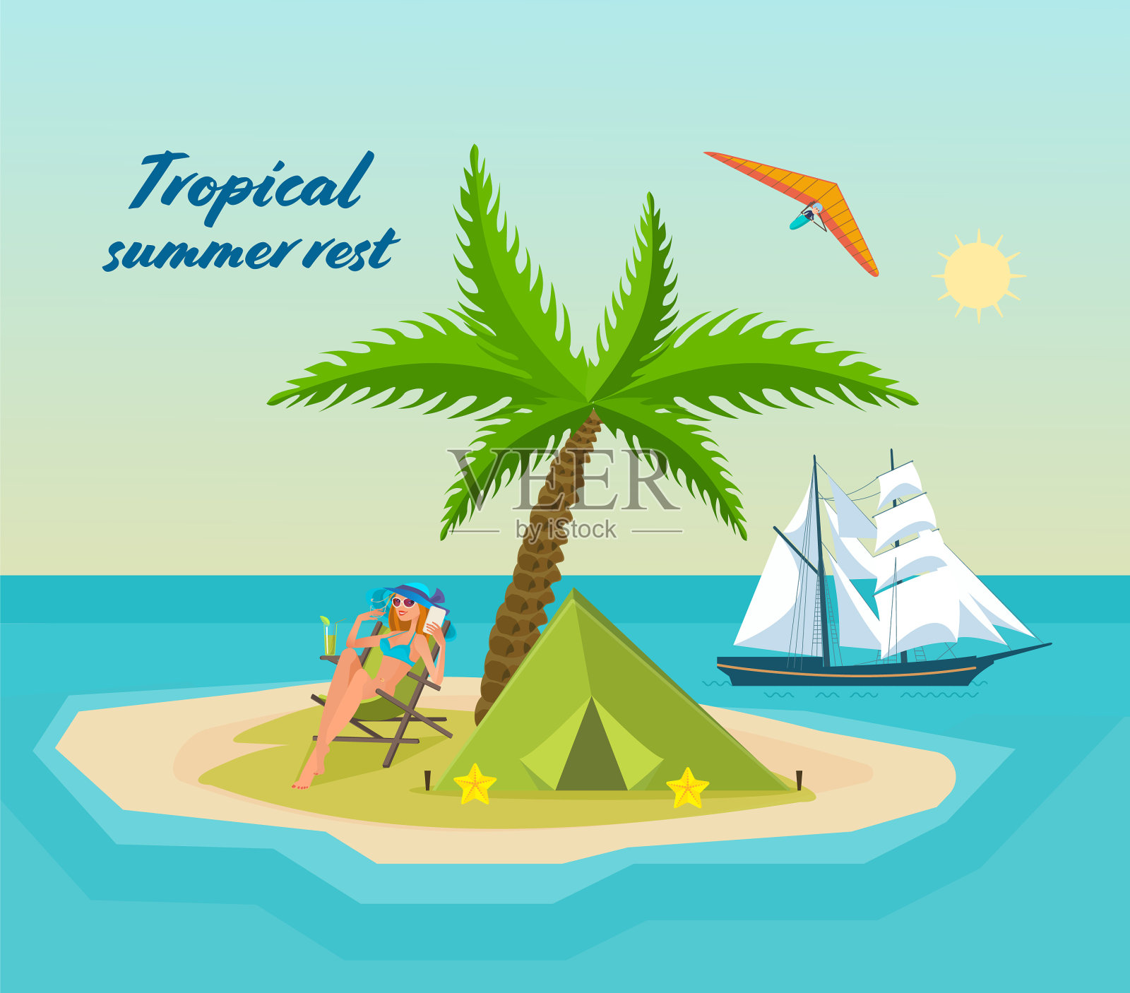 穿着比基尼的女孩在热带岛屿上休息插画图片素材