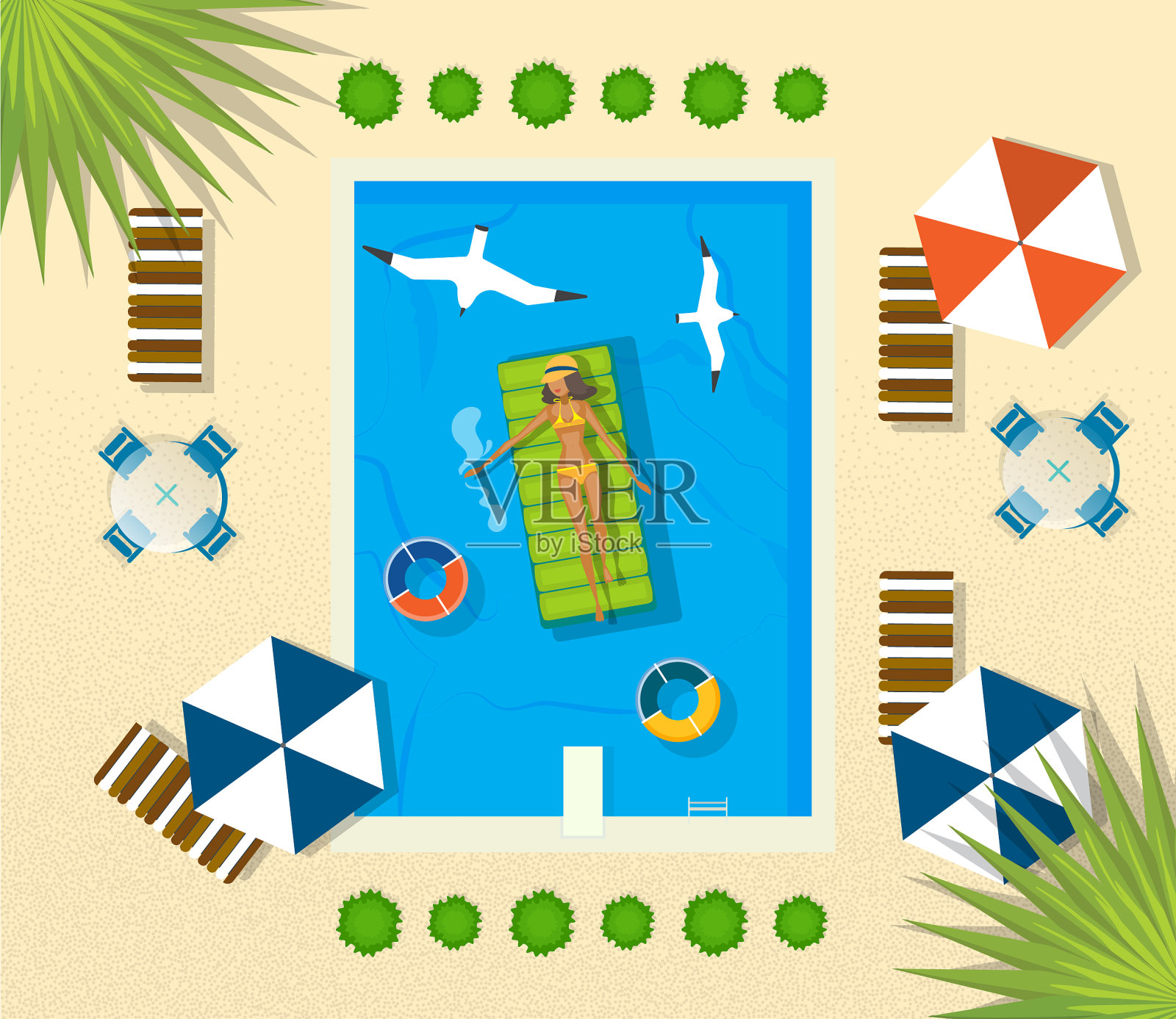 夏天的海滩设置女人是休息在酒店的游泳池插画图片素材