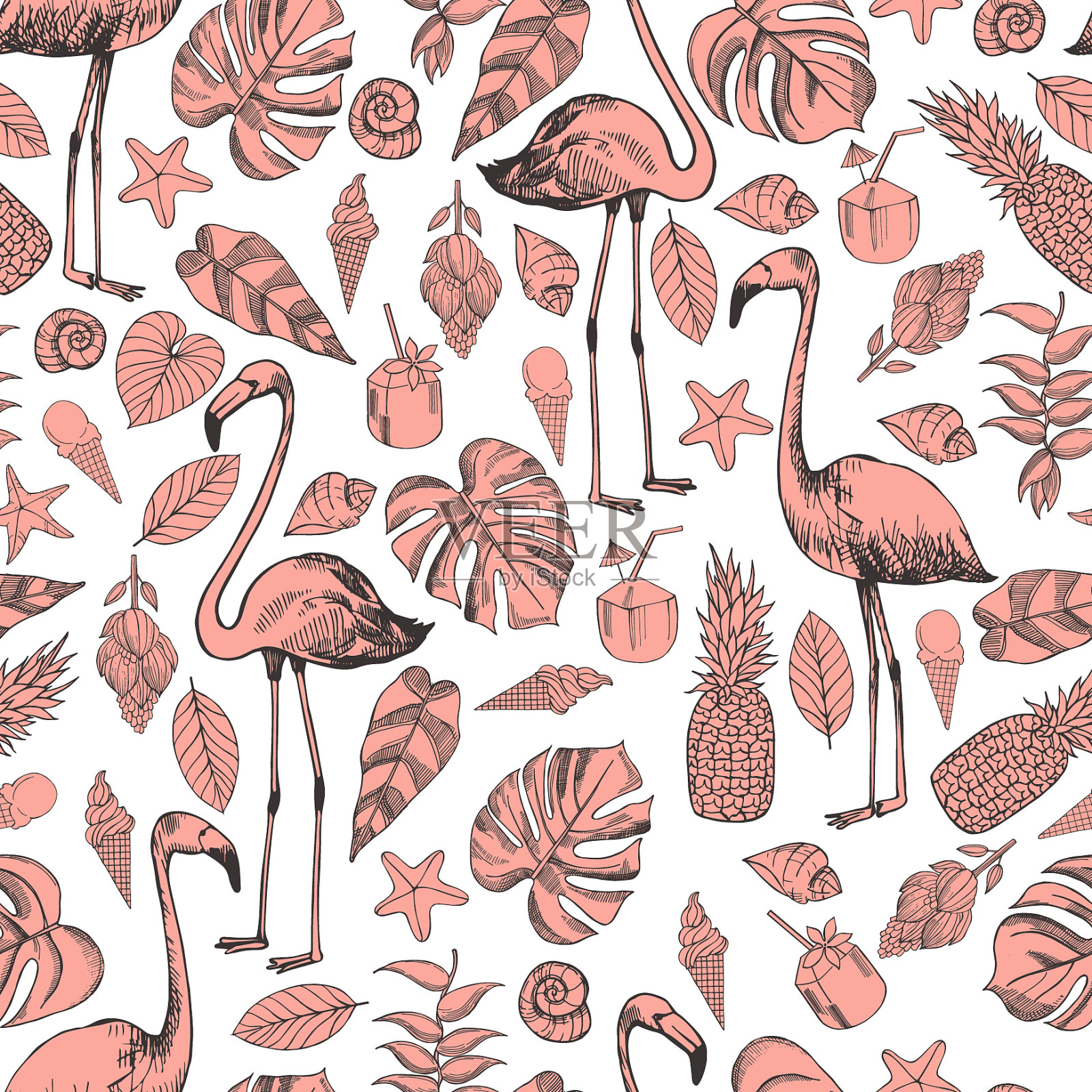 无缝粉红色图案与火烈鸟热带插画图片素材
