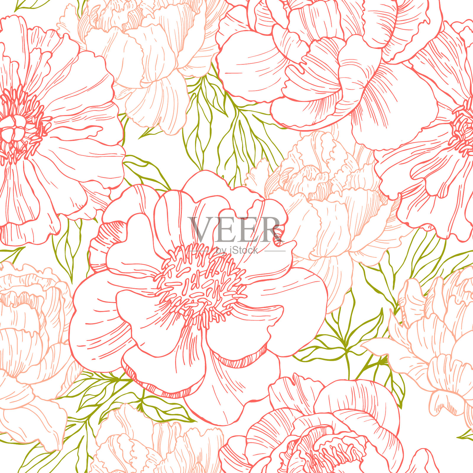 手绘牡丹无缝图案插画图片素材