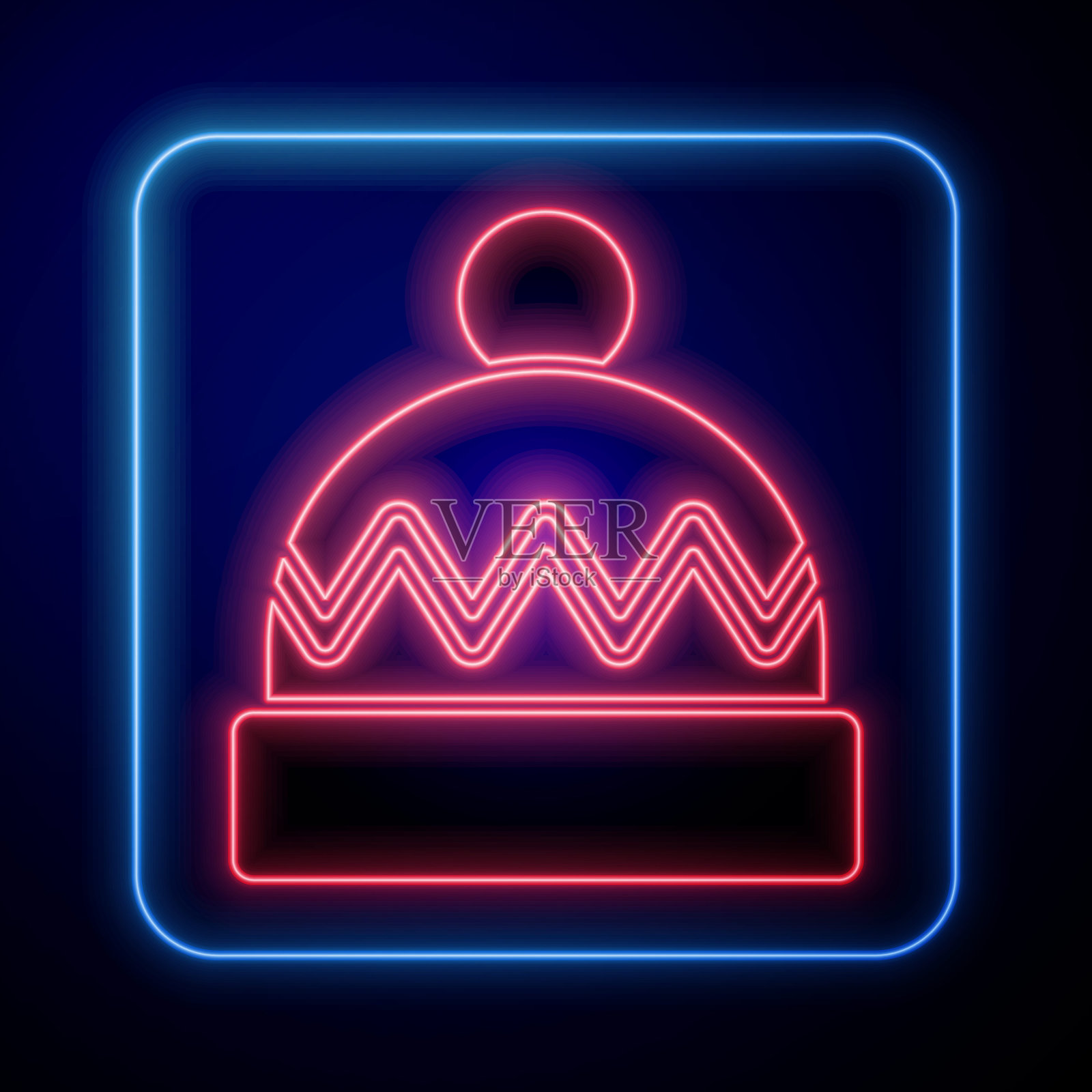 发光的霓虹灯冬季帽子图标孤立在蓝色背景。向量图标素材