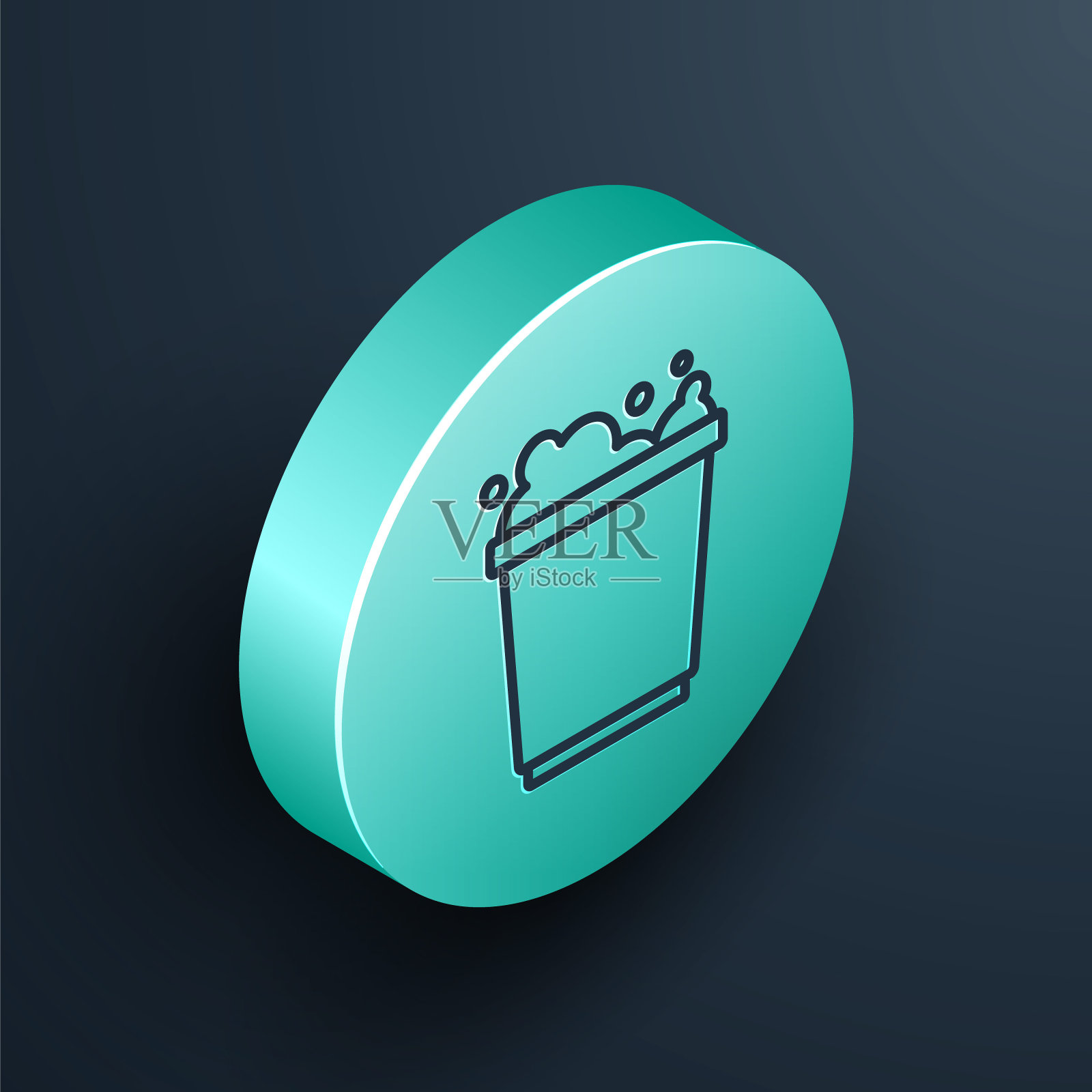 等距线桶与泡沫和气泡图标孤立在黑色背景。清洁服务理念。绿松石圆按钮。向量图标素材