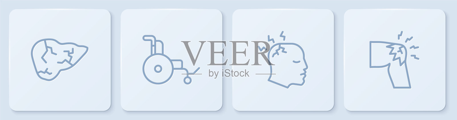 肝炎病毒，头痛的人，轮椅和关节疼痛，膝盖疼痛。白色正方形按钮。向量插画图片素材