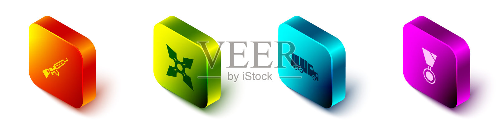 设置等距狙击步枪与范围，日本忍者飞镖，军用卡车和奖励奖章图标。向量图标素材