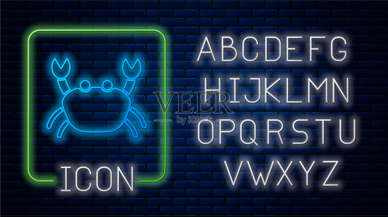 霓虹灯蟹的图标孤立在砖墙上插画图片素材