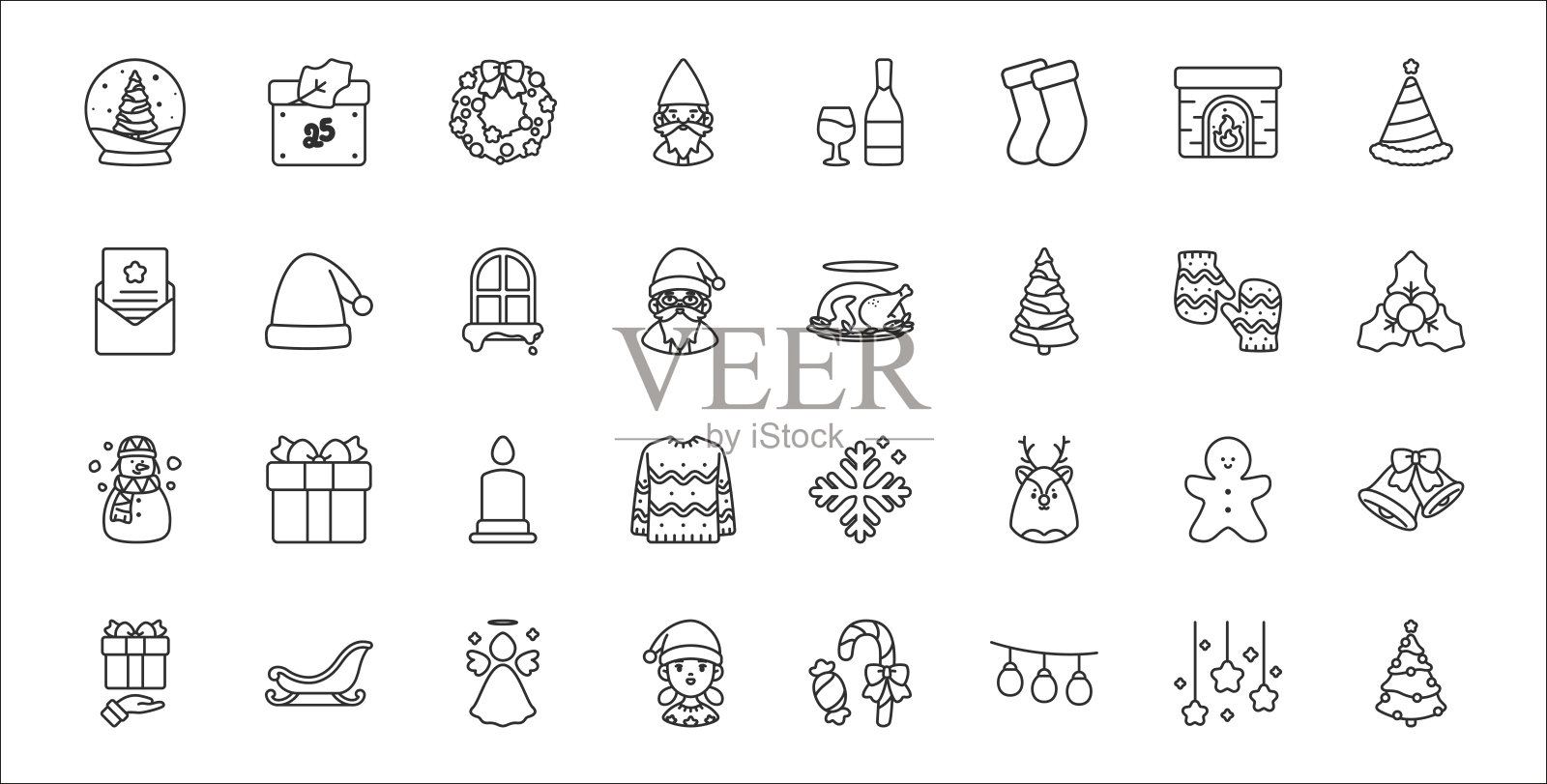 一套32个圣诞瘦轮廓图标，如圣诞树，圣诞灯，女孩，赠送礼物，姜饼，蜡烛，槲寄生，煮鸡，圣诞帽图标素材