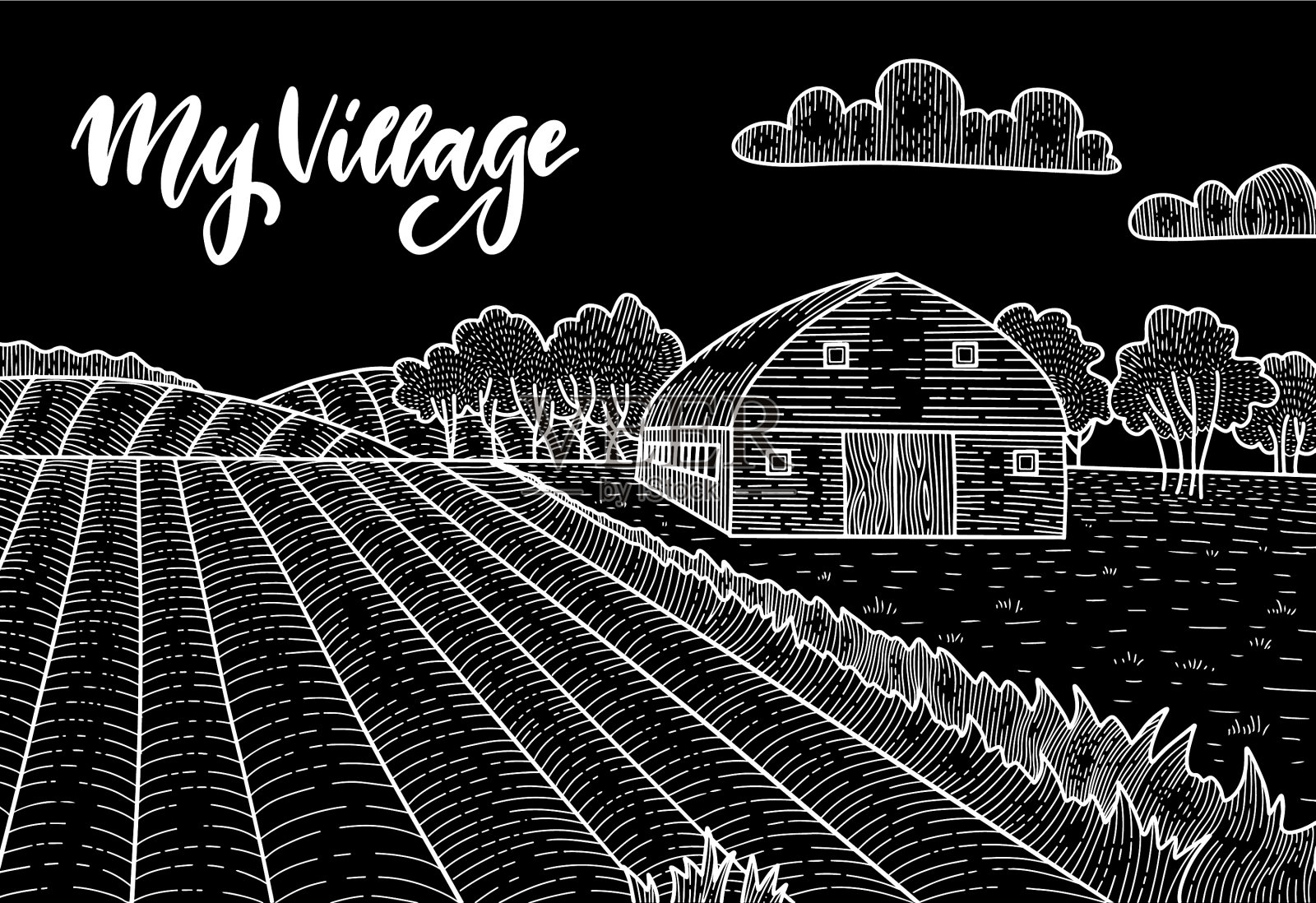 乡村景观与田野老谷仓房树插画图片素材