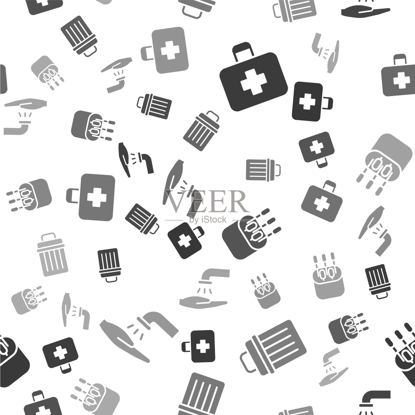 准备急救箱，垃圾桶，用棉签擦耳朵图标素材