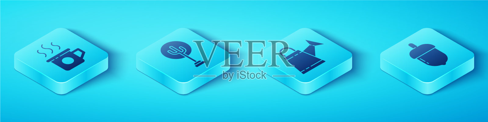 设置等距杯茶树橡子和浇水图标素材