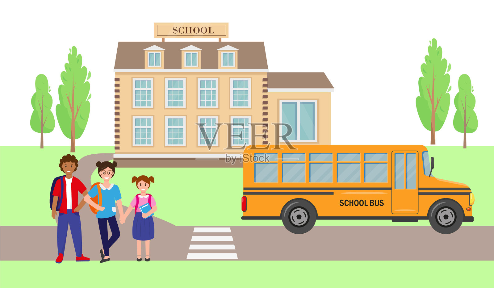 学生和校车靠近教学楼插画图片素材