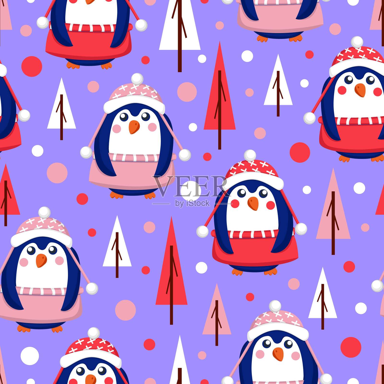 蓝色小企鹅穿着粉色红色和白色的毛衣帽子和裙子无缝图案紫色的背景