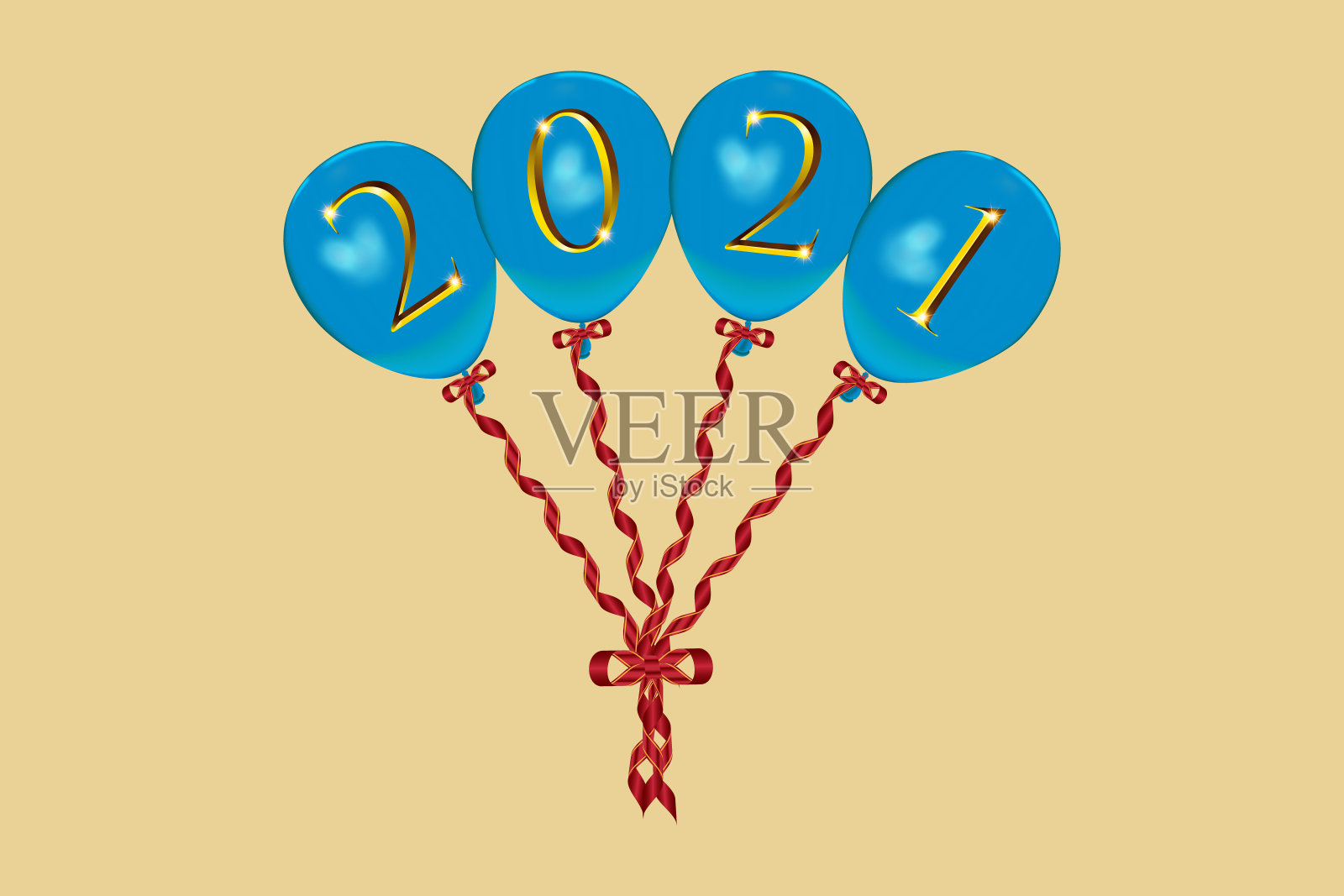 矢量插图飞行气球与2021年新年贺词与红丝带。插画图片素材