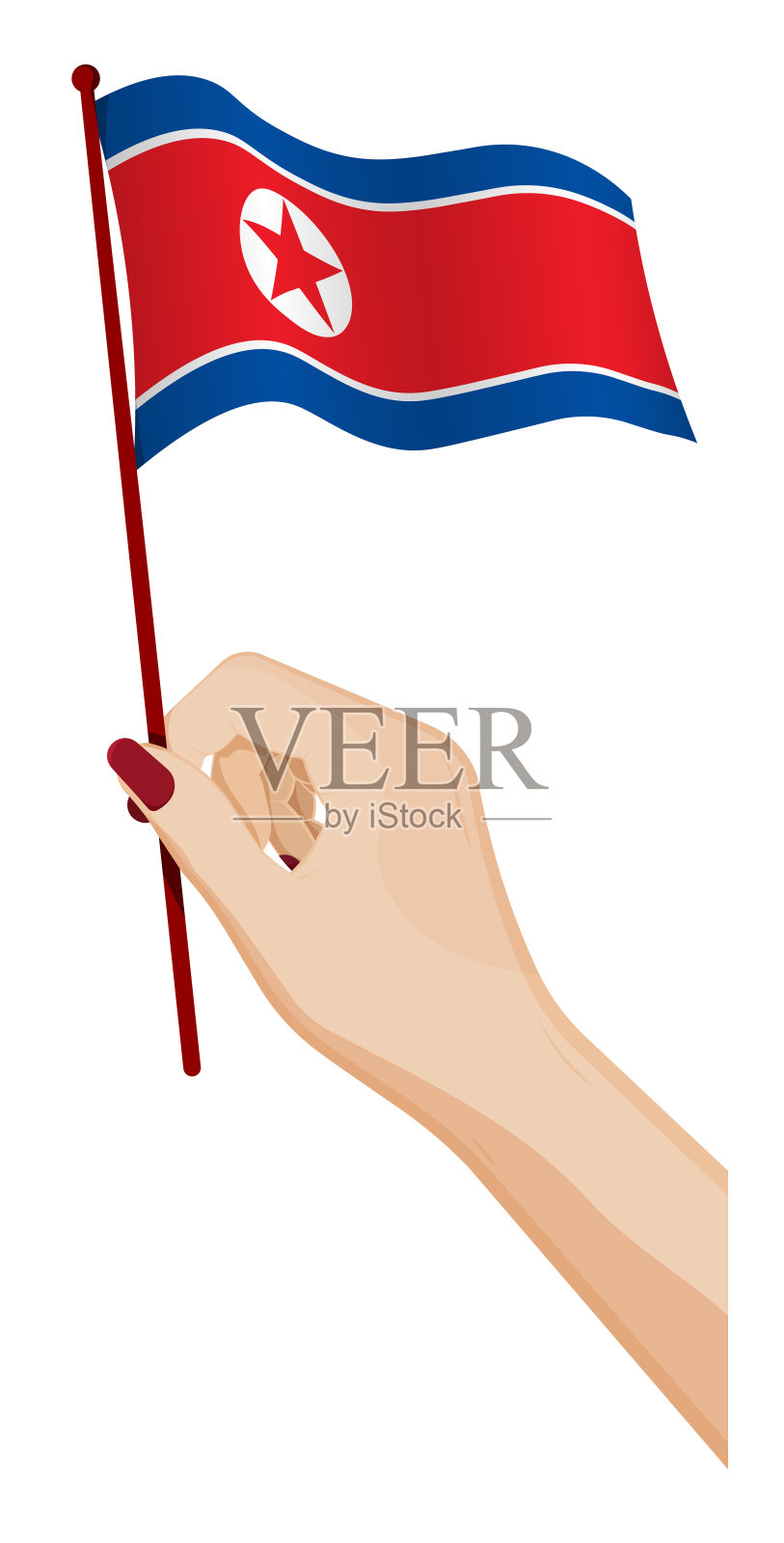 女性手轻轻举着朝鲜小国旗。节日设计元素。卡通向量上的白色背景插画图片素材