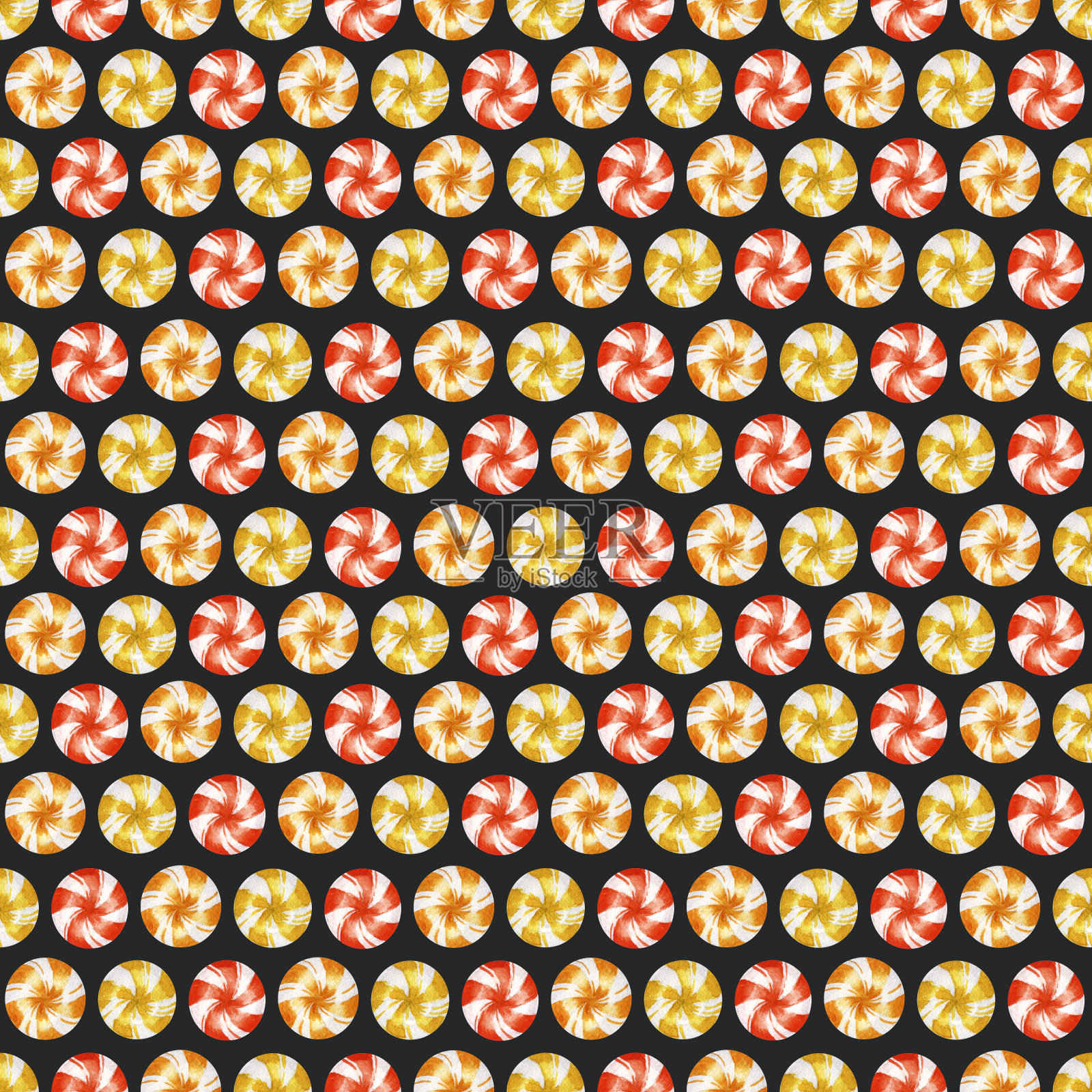 水彩圣诞无缝图案与糖果在金色，红色，和橙色的颜色在一个黑暗的背景。插画图片素材