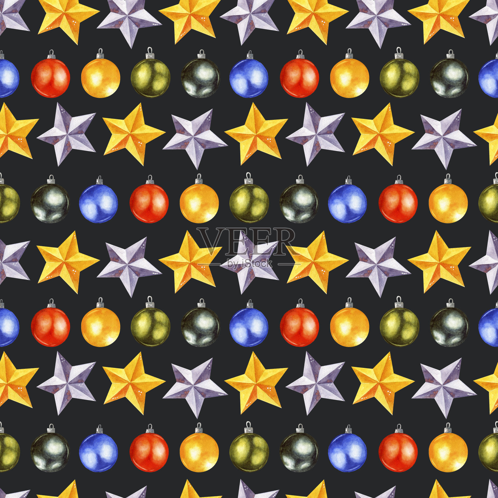 水彩圣诞无缝模式与球和星星在金，红，蓝，银，和绿色的颜色在一个黑暗的背景。插画图片素材