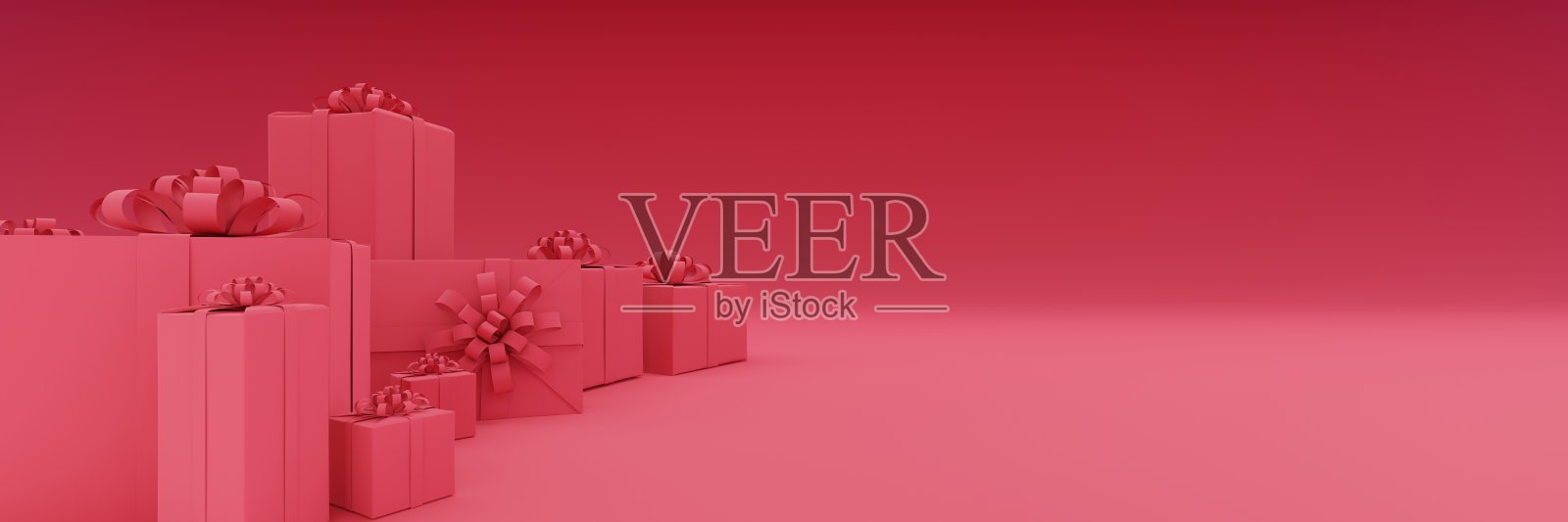 红色背景全景与红色礼品，拷贝空间，许多礼品从身边收集，圣诞礼品卡，情人节活动照片摄影图片