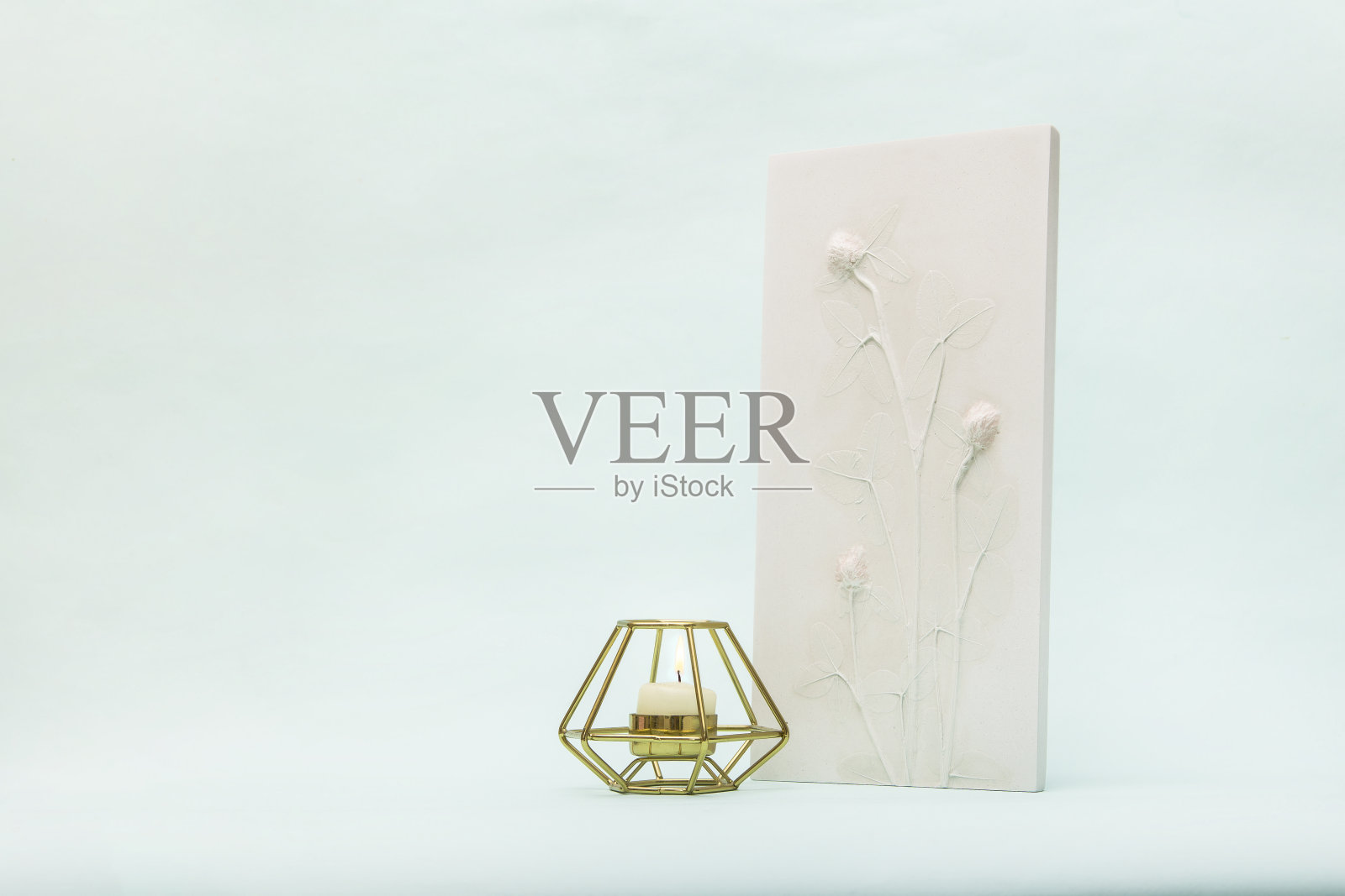 植物浅浮雕野花和墙壁艺术用的蜡烛。3D花石膏装饰。时尚和现代的室内设计。照片摄影图片