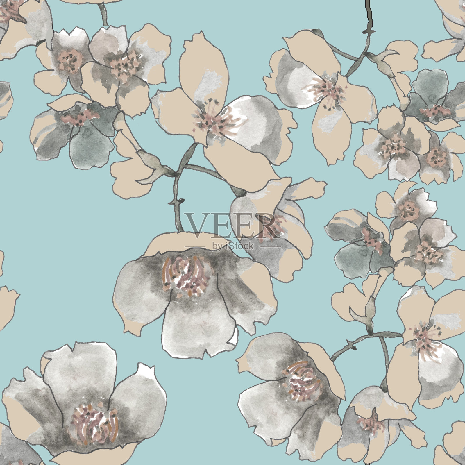 水彩茉莉花枝干上淡绿松石色无缝图案。插画图片素材