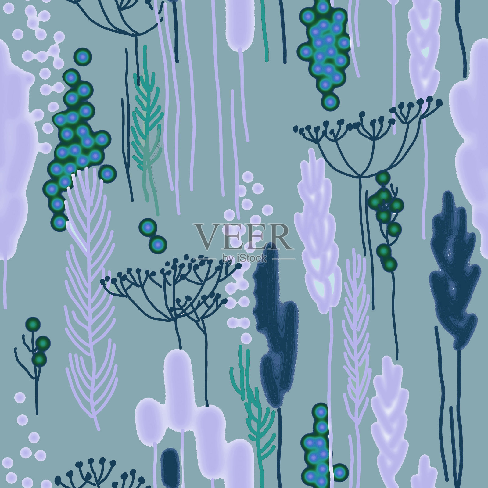水彩野生草纹理浅蓝色无缝模式。插画图片素材