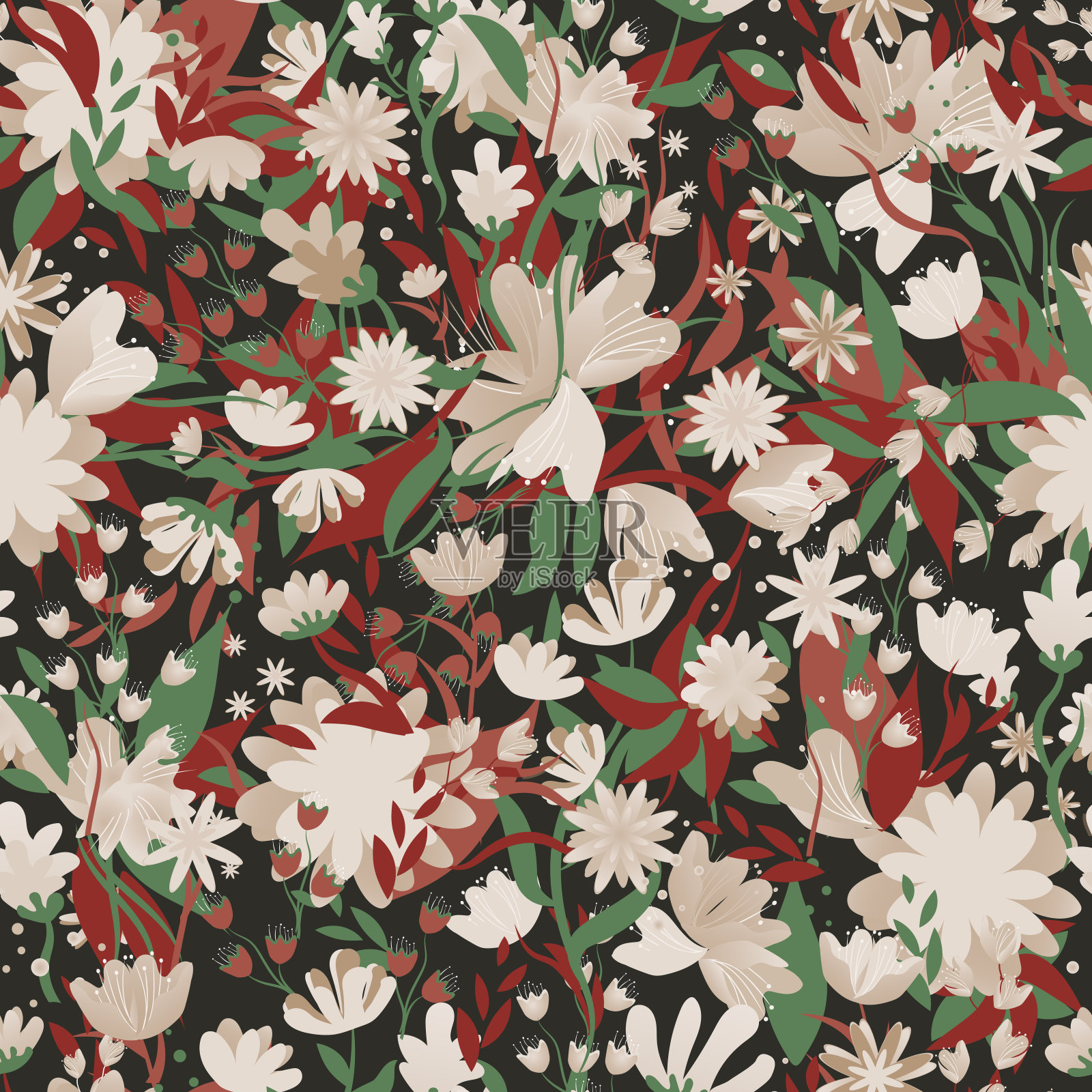 花卉复古纺织印花，热带花卉与绿色和红色的叶子。无缝花卉图案的面料，服装，家纺。插画图片素材