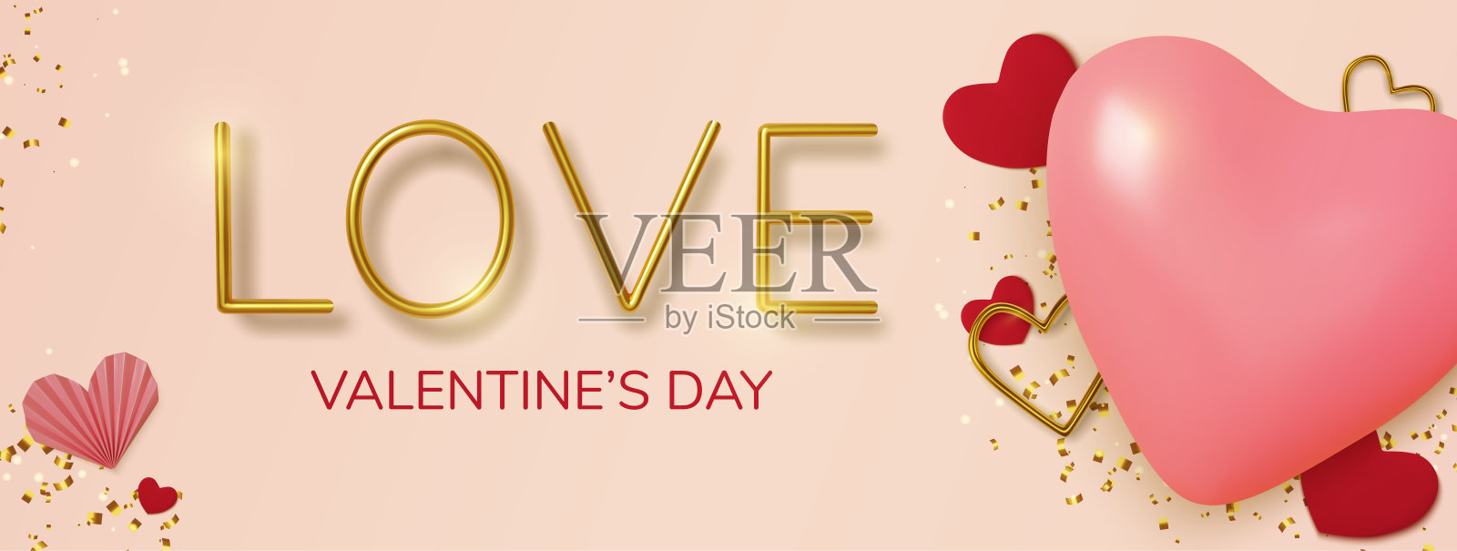 情人节贺卡。现实的3d粉色气球心形和粉红色背景上的金色文字。爱和结婚。产品模板，网页横幅和传单。矢量图插画图片素材