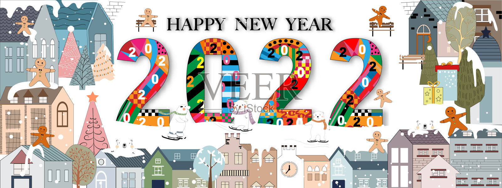 2022年新年快乐，村庄有冬季景观。平安夜在冬日仙境小镇与快乐的北极熊玩滑冰和姜饼人在公园庆祝，矢量圣诞背景插画图片素材