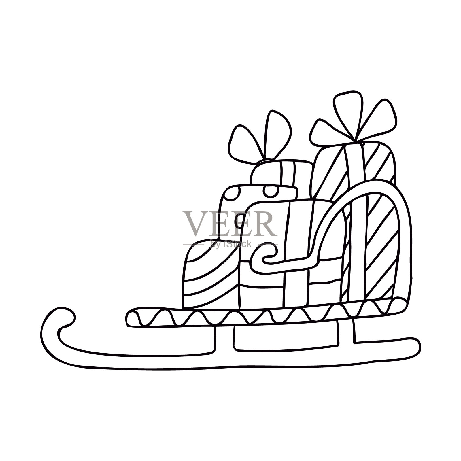 圣诞老人的雪橇与礼物盒涂鸦。插画图片素材