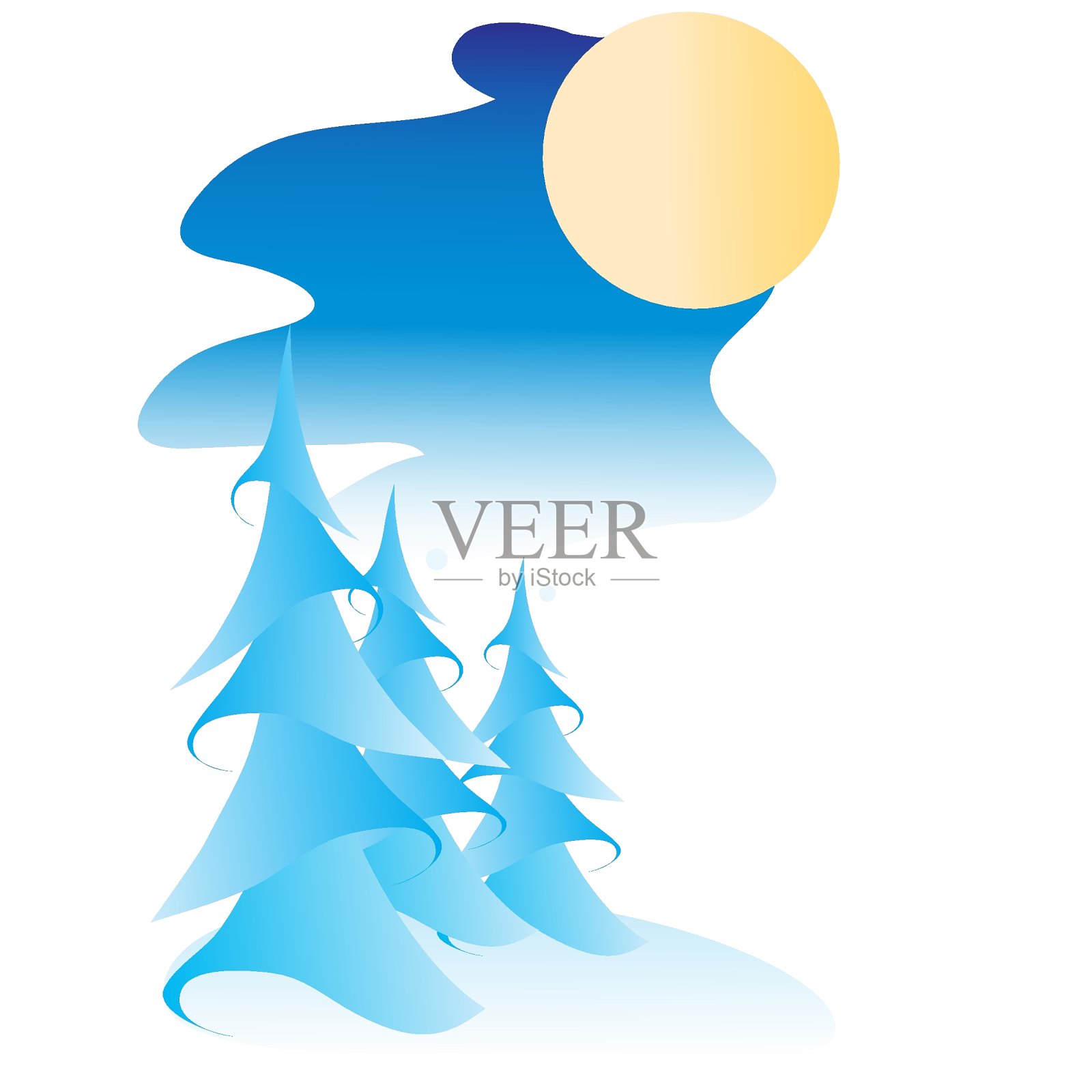 装饰冬季景观冷杉树和蓝色色调的月亮，白色背景上孤立的物体，矢量插图，插画图片素材