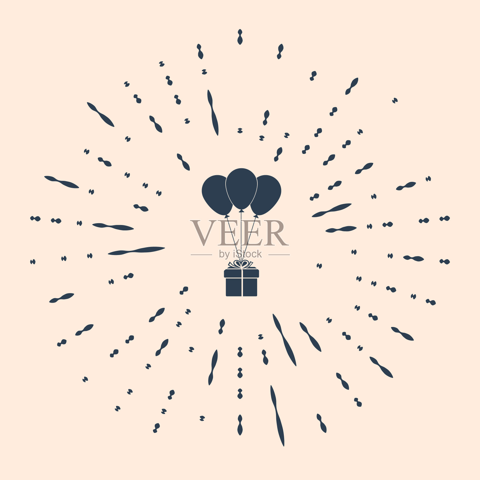 黑色礼盒与气球图标孤立的米色背景。插画图片素材