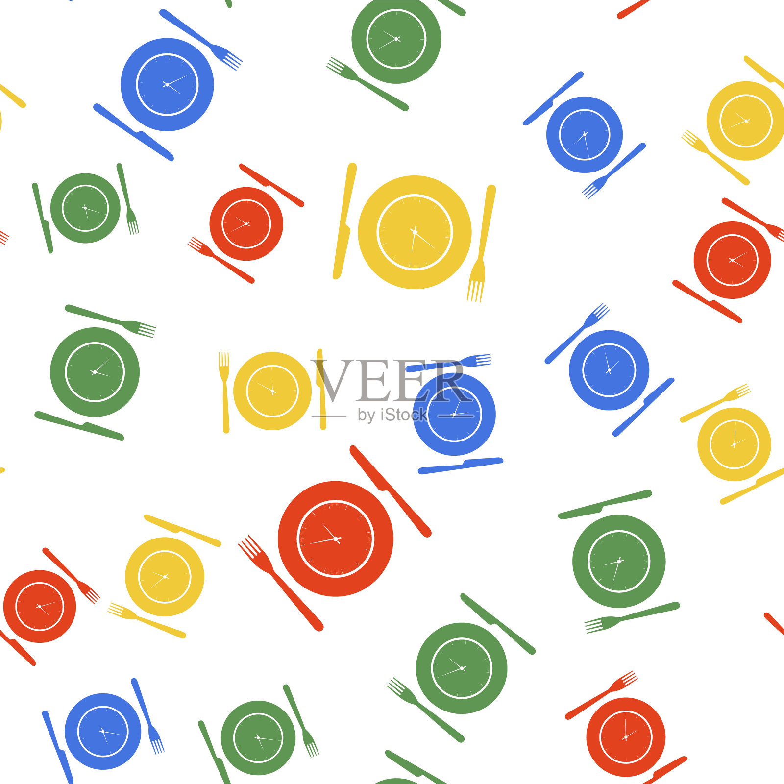 彩色板与时钟，叉子和刀图标孤立无缝模式上的白色背景。午餐时间。饮食、营养制度、用餐时间及饮食观念。向量插画图片素材