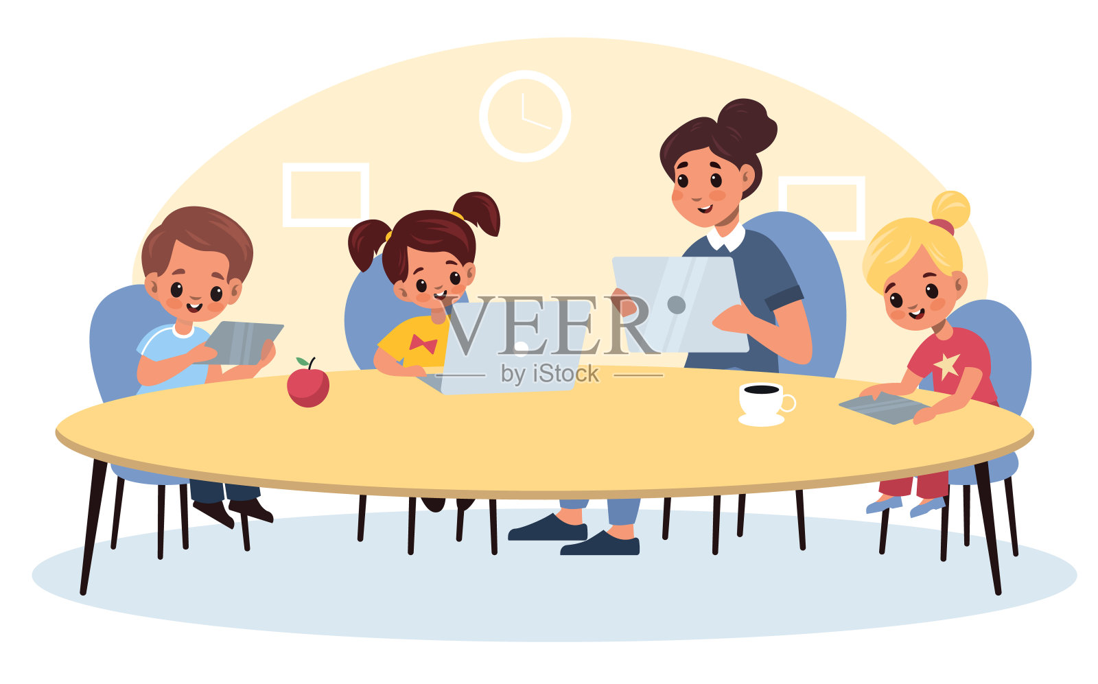 现代电子教学。孩子和老师在课堂上使用现代设备，孩子用平板电脑和笔记本电脑上课，用电脑学习新的教育科目。平面向量的概念插画图片素材