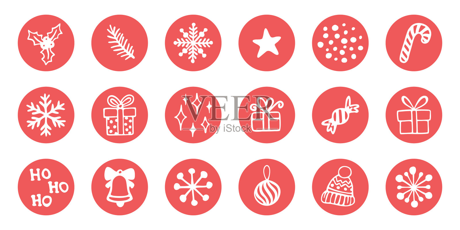 社交媒体故事的一组突出封面，平面图标。矢量圣诞涂鸦:雪花，糖果，礼盒，冬青和其他元素，孤立在白色背景。图标素材