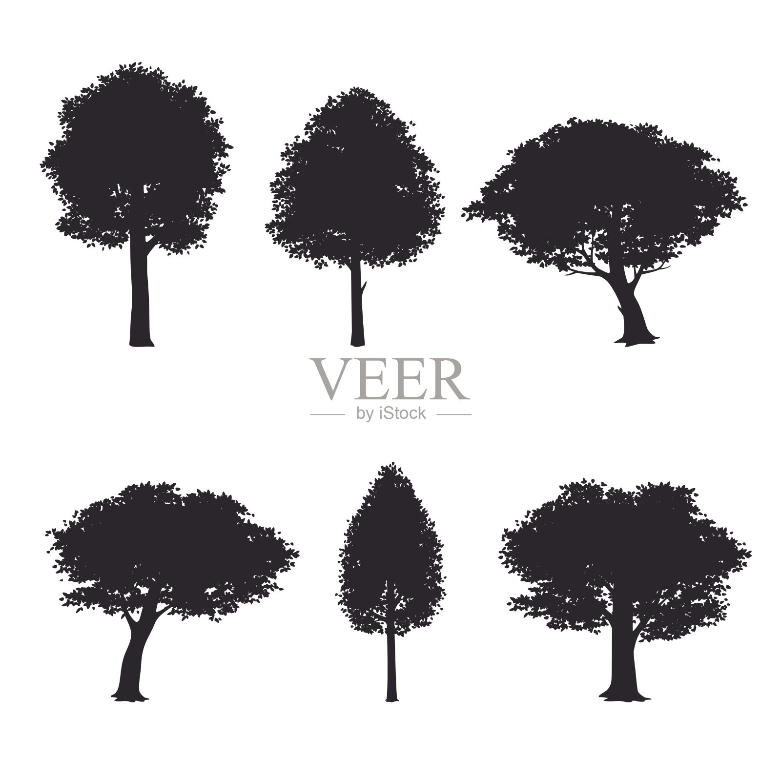 一组孤立在白色背景上的树的轮廓。向量。设计元素图片