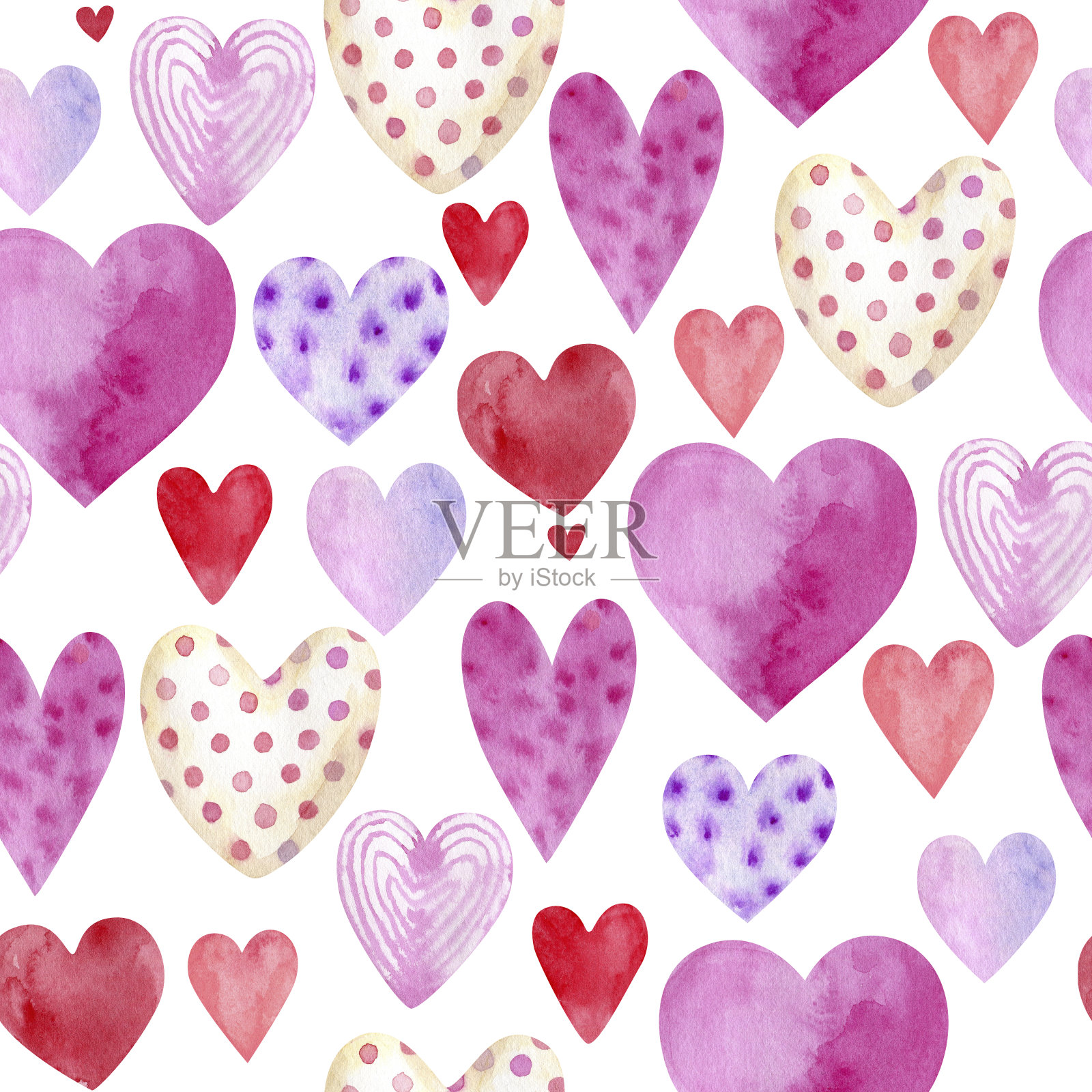 无缝图案与多色心，水彩插图手绘在白色的背景插画图片素材
