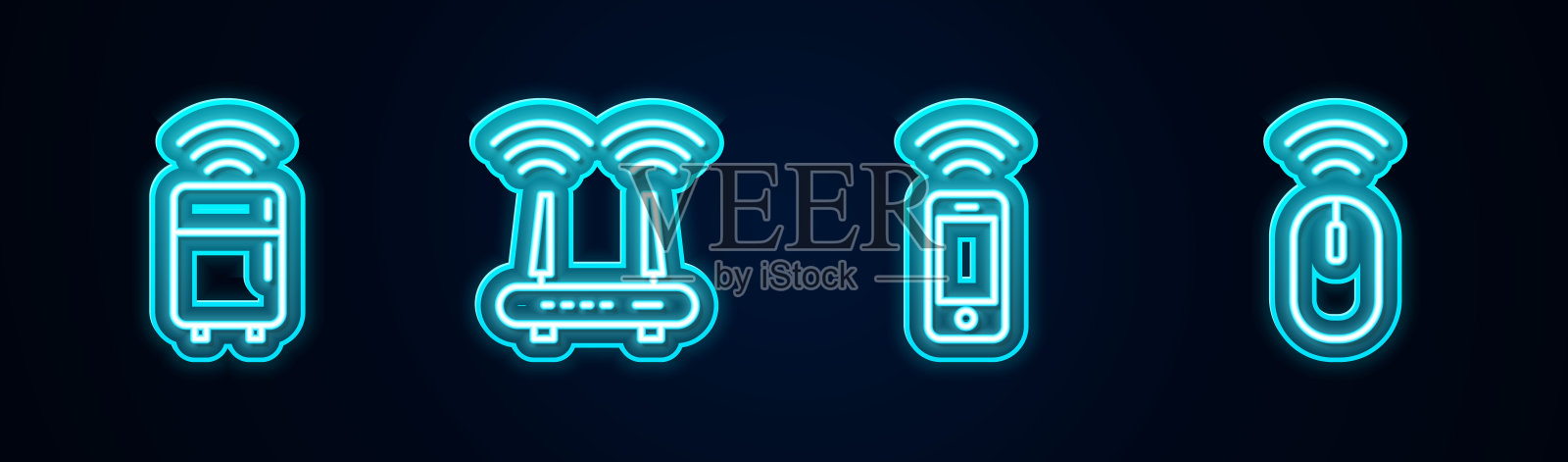 设置智能冰箱、路由器和wi-fi信号、无线智能手机和鼠标。发光的霓虹灯图标。向量图标素材