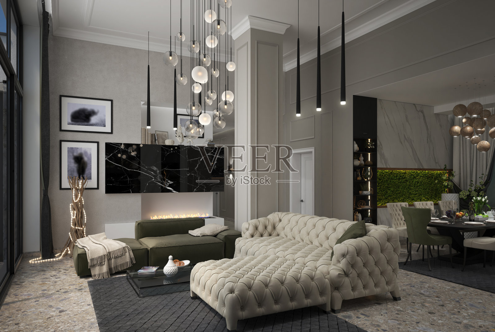 当代风格的客厅布置和公寓布局，3D插图照片摄影图片