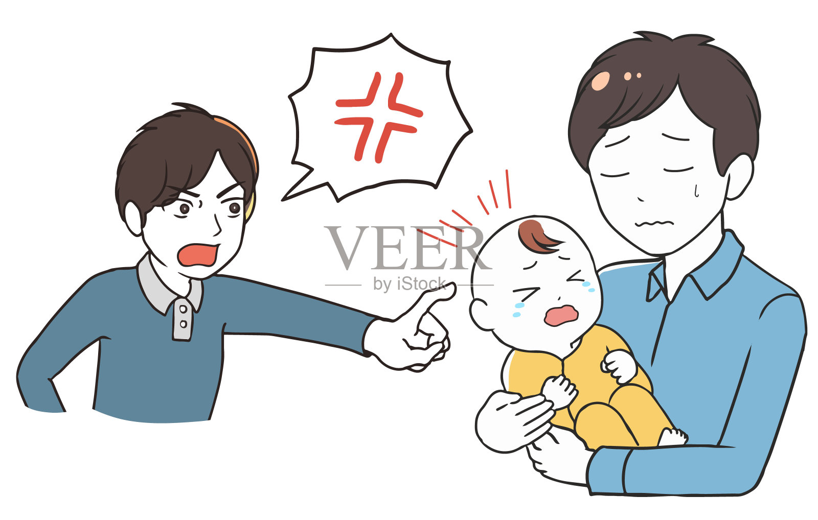 一个哭泣的婴儿和一个抱怨的男人插画图片素材